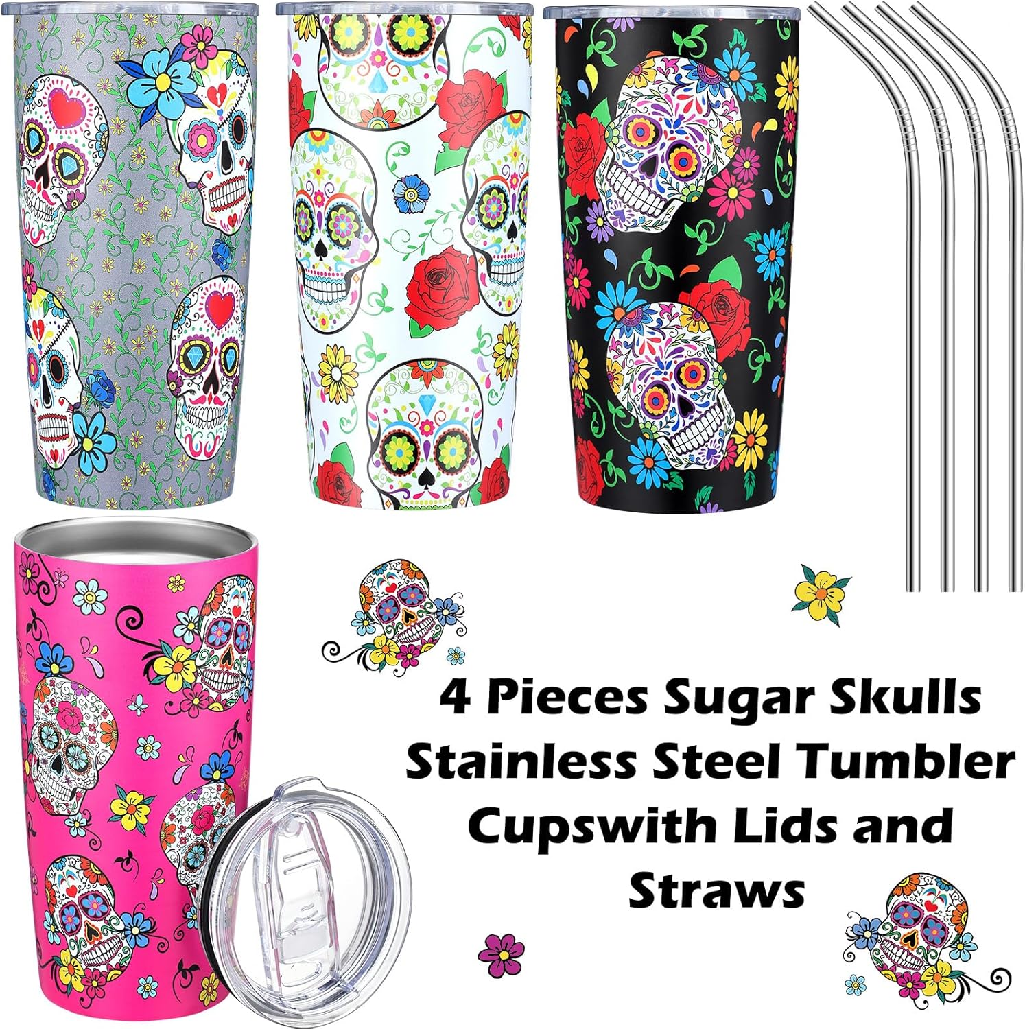4 vasos de café de calavera de azúcar con tapas y pajitas, tazas de calaveras de 20 onzas, tazas de acero inoxidable con aislamiento al vacío, tazas