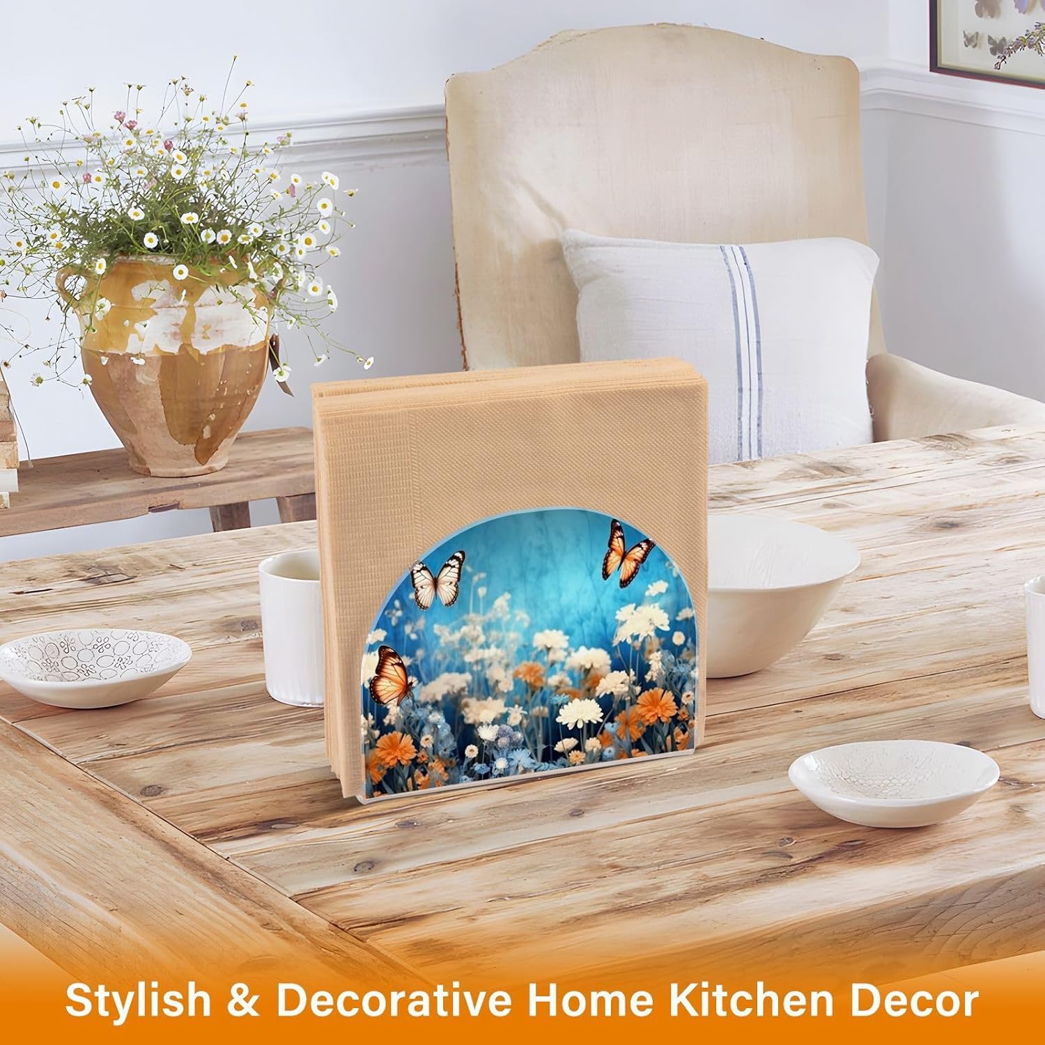 Napkin Holder Purple Flower Butterfly Napkin Holders for Tables, Clear Acrylic Napkin Holders Cocktail Napkin Holder for Kitchen Restaurant Bar Home