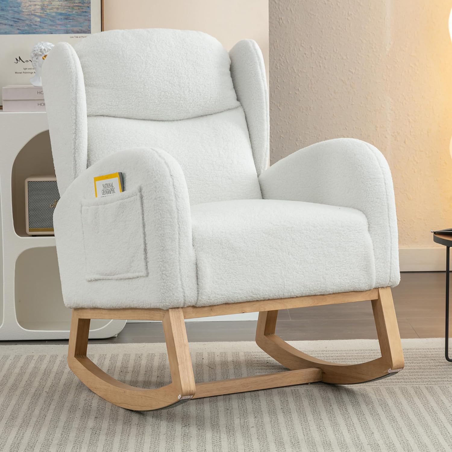 Setawix Silla mecedora de peluche para guardería, silla mecedora tapizada para sala de estar, sillón con respaldo de sherpa de ocio, silla mecedora
