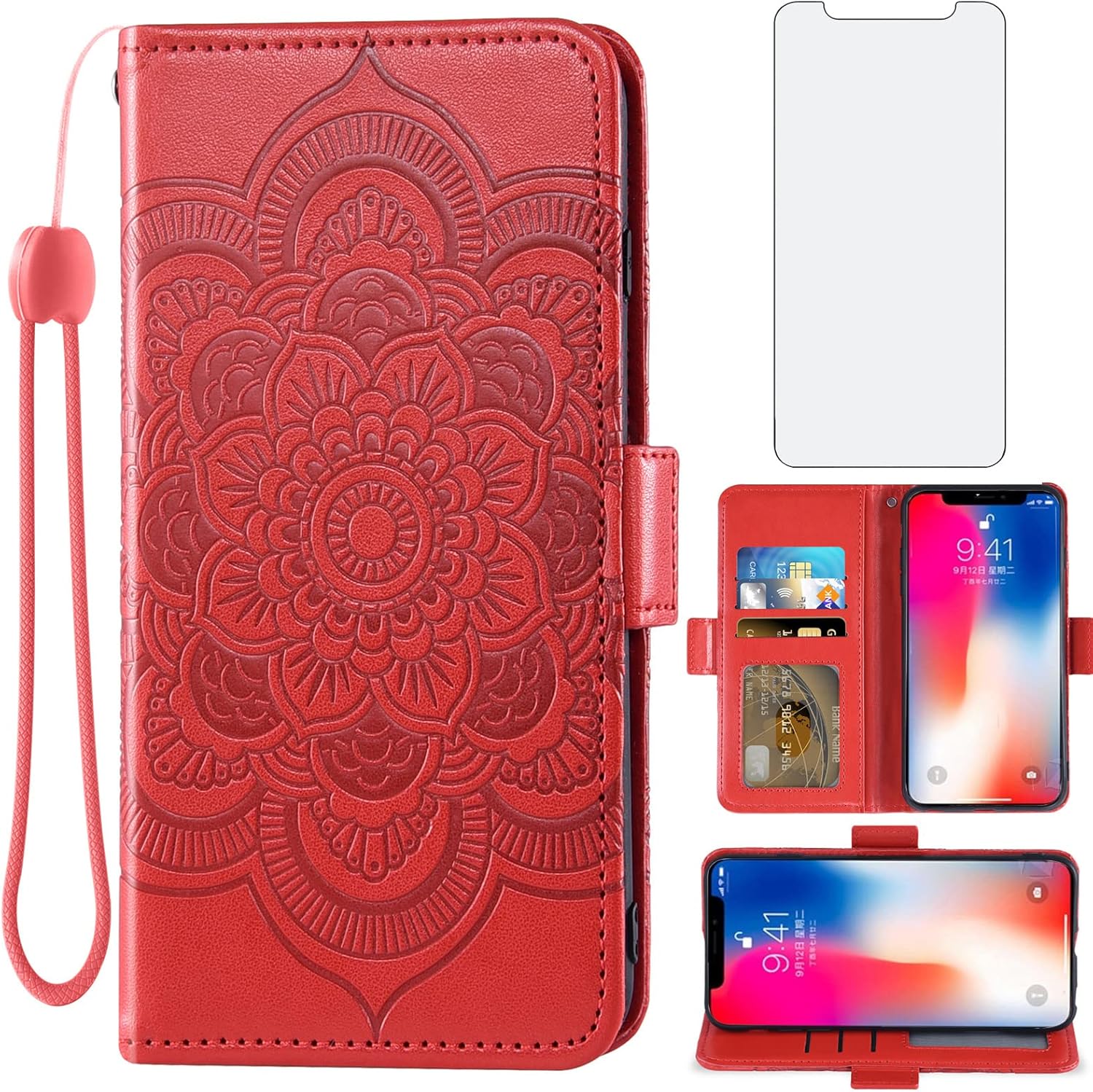 Asuwish Compatible con iPhone Xs X 10 10s Funda tipo cartera y protector de pantalla de vidrio templado, soporte para tarjetero, soporte para