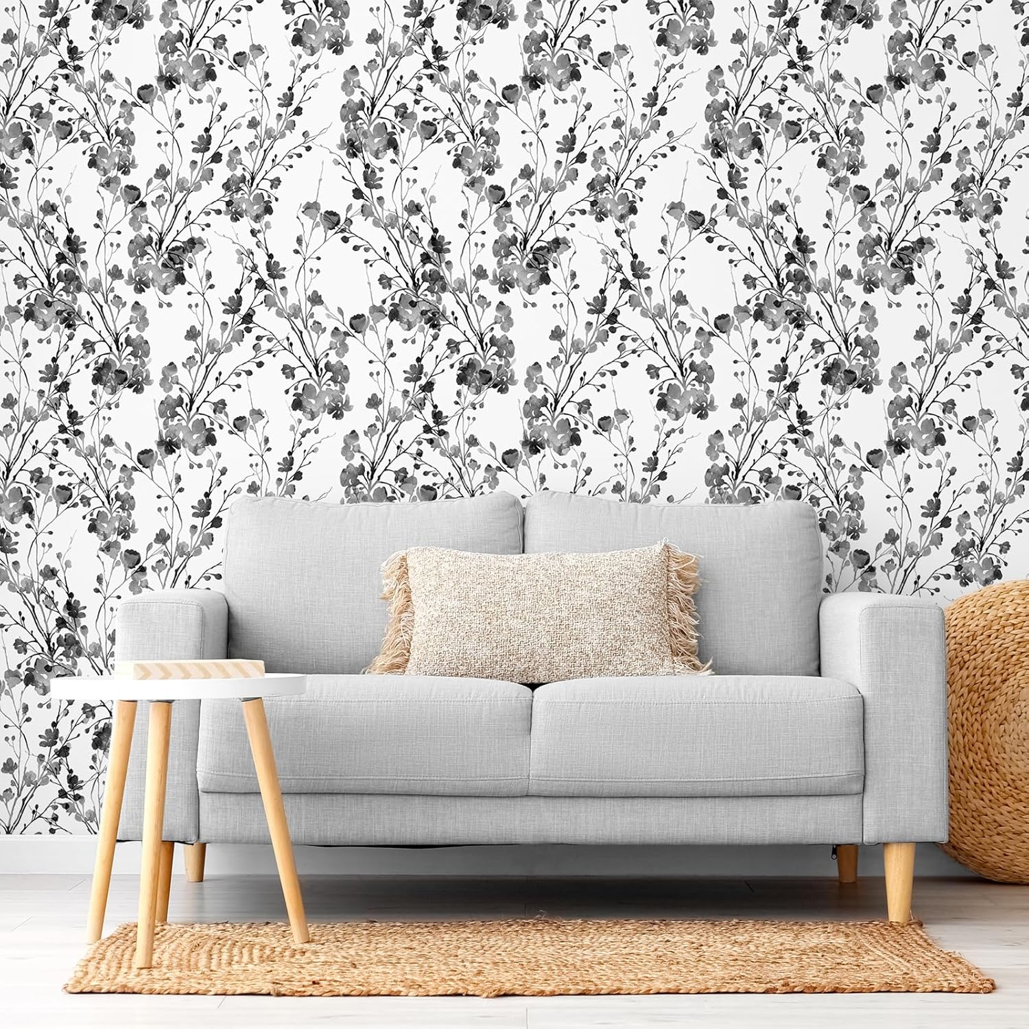VEELIKE Chinoiserie – Papel tapiz floral en blanco y negro, bohemio, para dormitorio, 17.7 x 354 pulgadas, removible, autoadhesivo, papel de