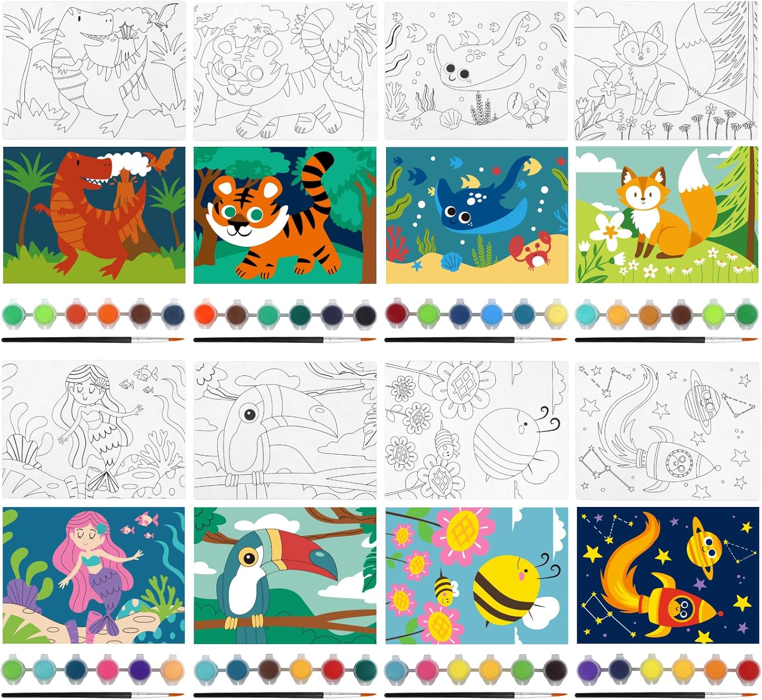 8 paquetes de lienzos predibujados para pintar niños, lienzo para niños, kits de pintura para niños de 4 a 8, 48 pinturas, 8 pinceles, 2 caballetes,