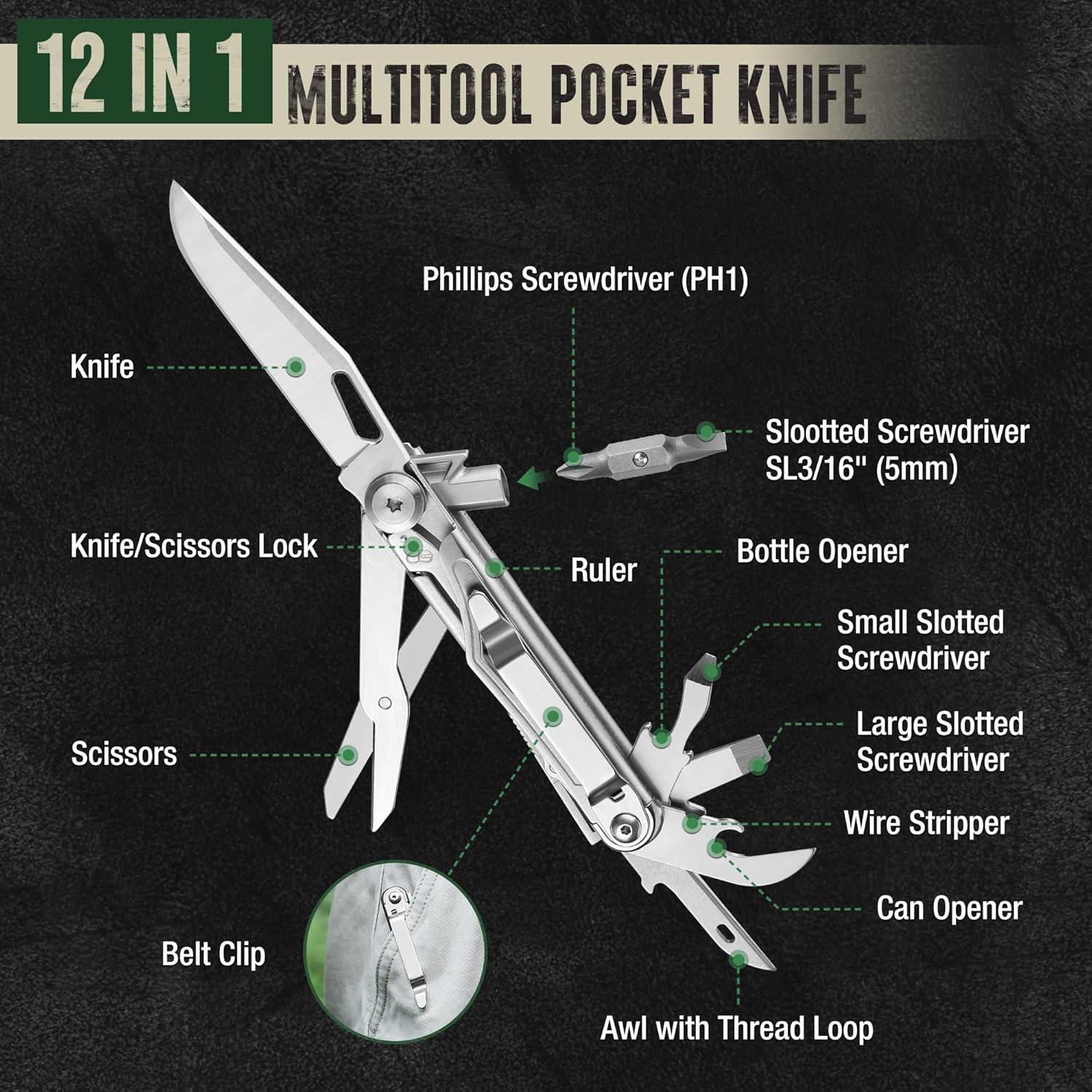 Mossy Oak Cuchillo de bolsillo multiherramienta 12 en 1 con bolsa, cuchillo multiherramienta de acero inoxidable con clip, herramientas de