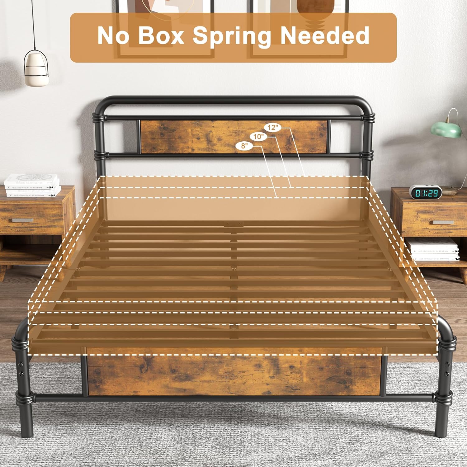 Base de cama King con cabecero, base de cama de plataforma pesada con base de metal fuerte, fácil montaje, no necesita somier, marrón vintage