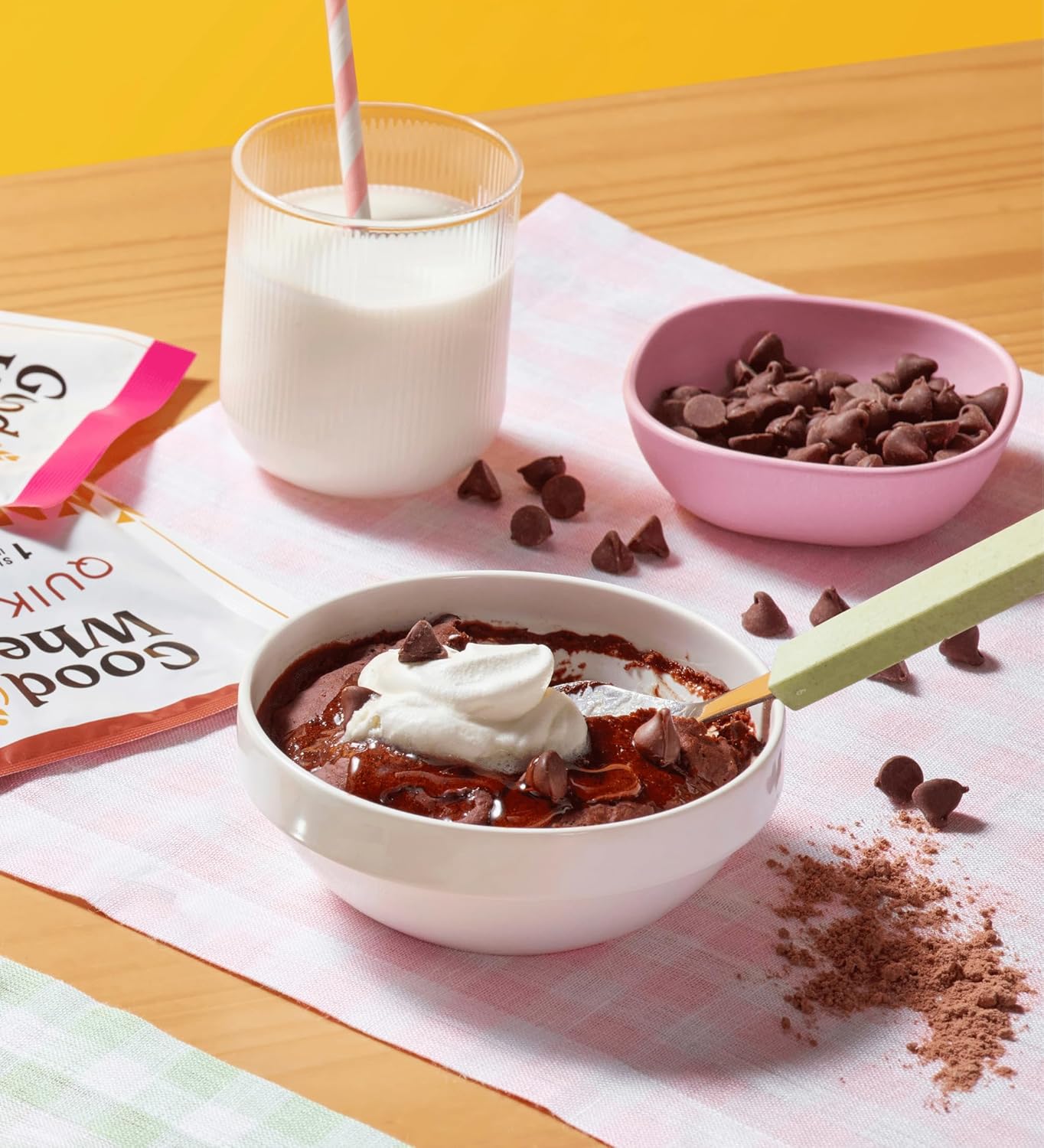 GoodWheat Panqueques instantáneos con chispas de chocolate  0.43 oz de fibra  0.27 oz de proteína  Mezcla para panqueques de una sola porción  Solo