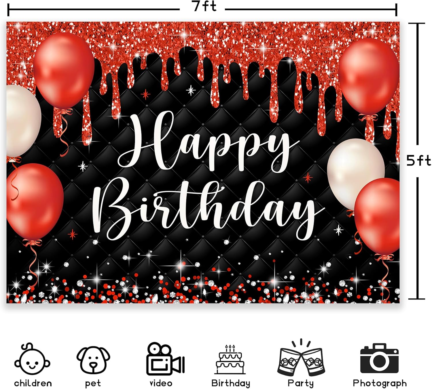 Cartel de feliz cumpleaños rojo y negro para mujeres y niñas, 7 pulgadas de ancho x 5 de alto, fotografía moderna de lujo con puntos de purpurina,