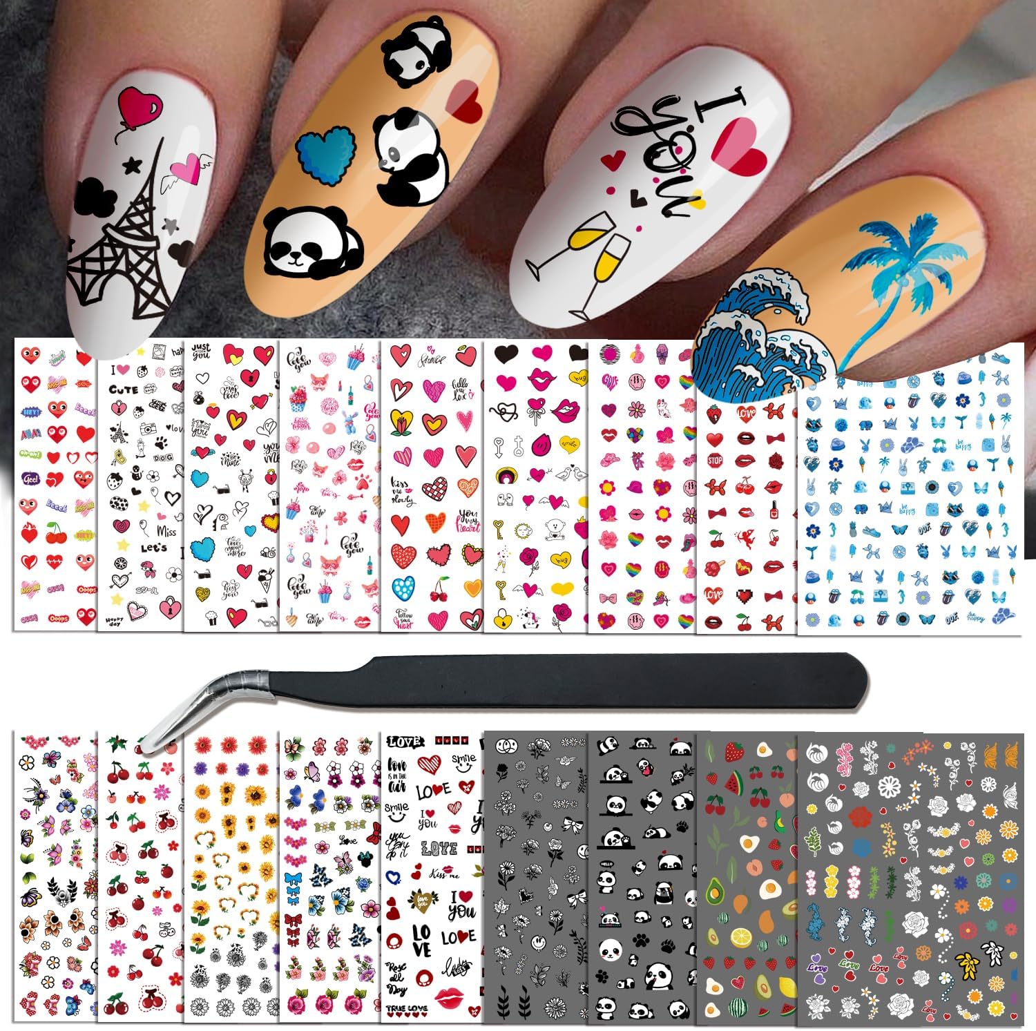 18 hojas de calcomanías para arte de uñas, calcomanías para mujeres y niñas pequeñas, diseño de panda, colorido, caricatura, fuego, sol, flor,