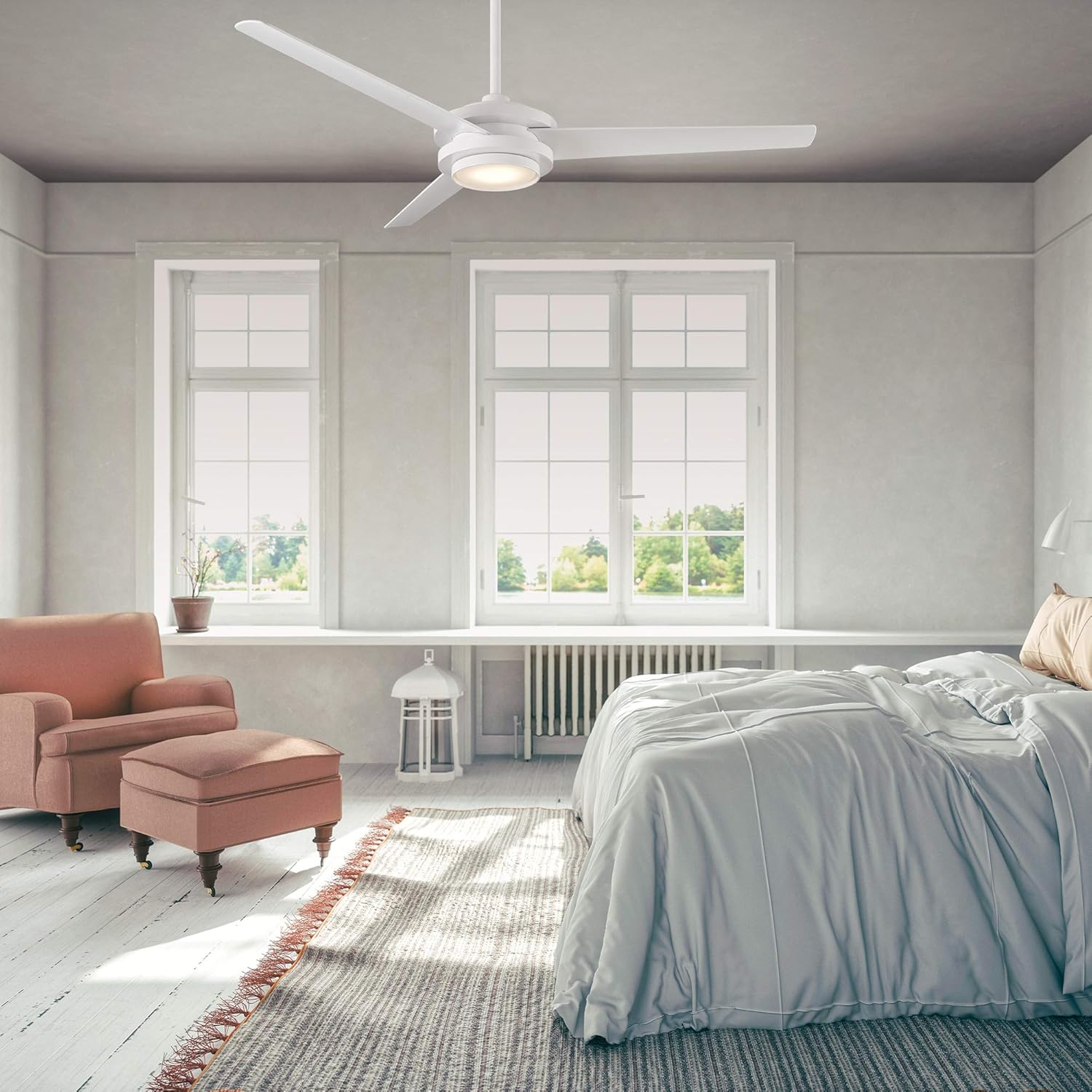 WAC Smart Fans Geos Ventilador de techo de 3 aspas para interiores y exteriores, 60 pulgadas, blanco mate con kit de luz LED de 3000K y control