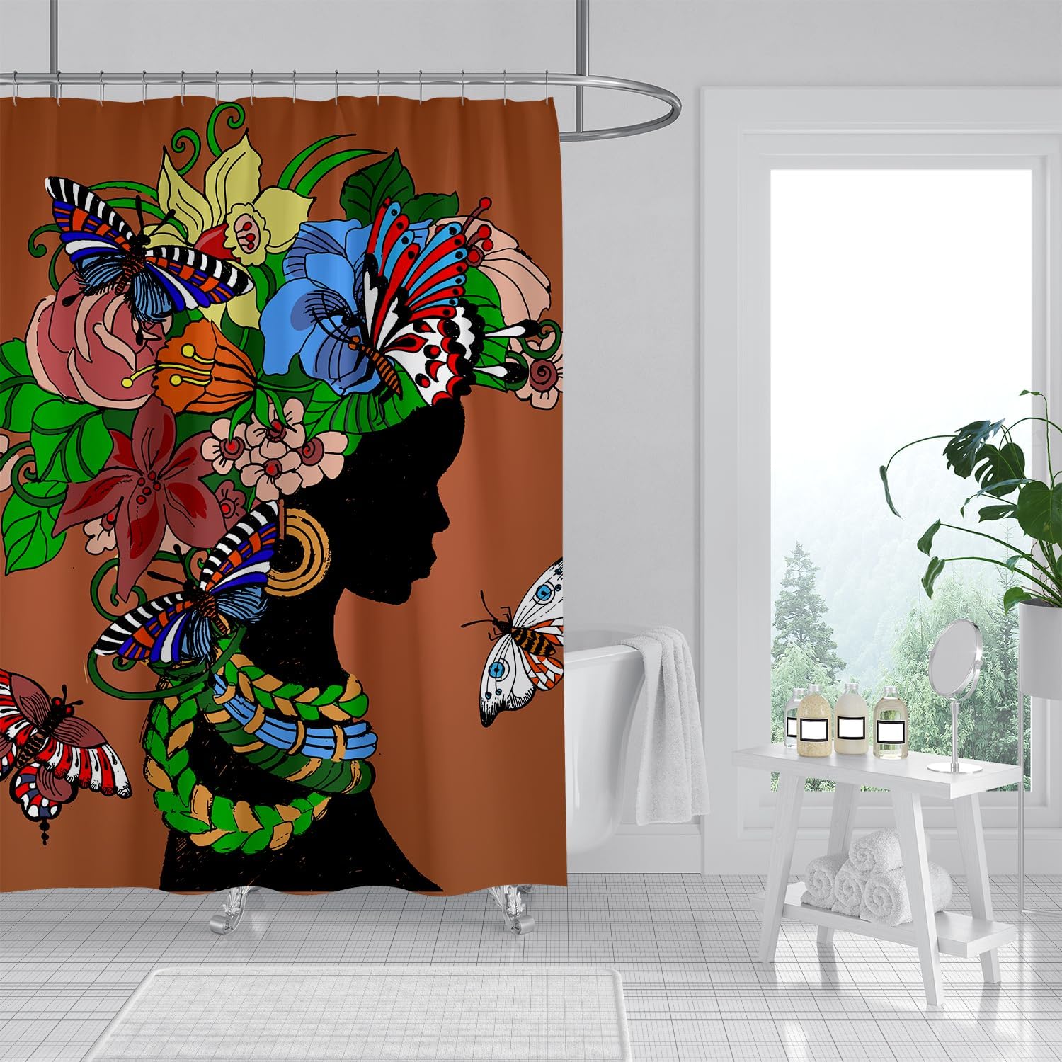 Cortina de ducha de mujer africana, cortinas de ducha de niña negra afroamericana, divertidas, juego de cortinas de ducha de tela de arte negro,