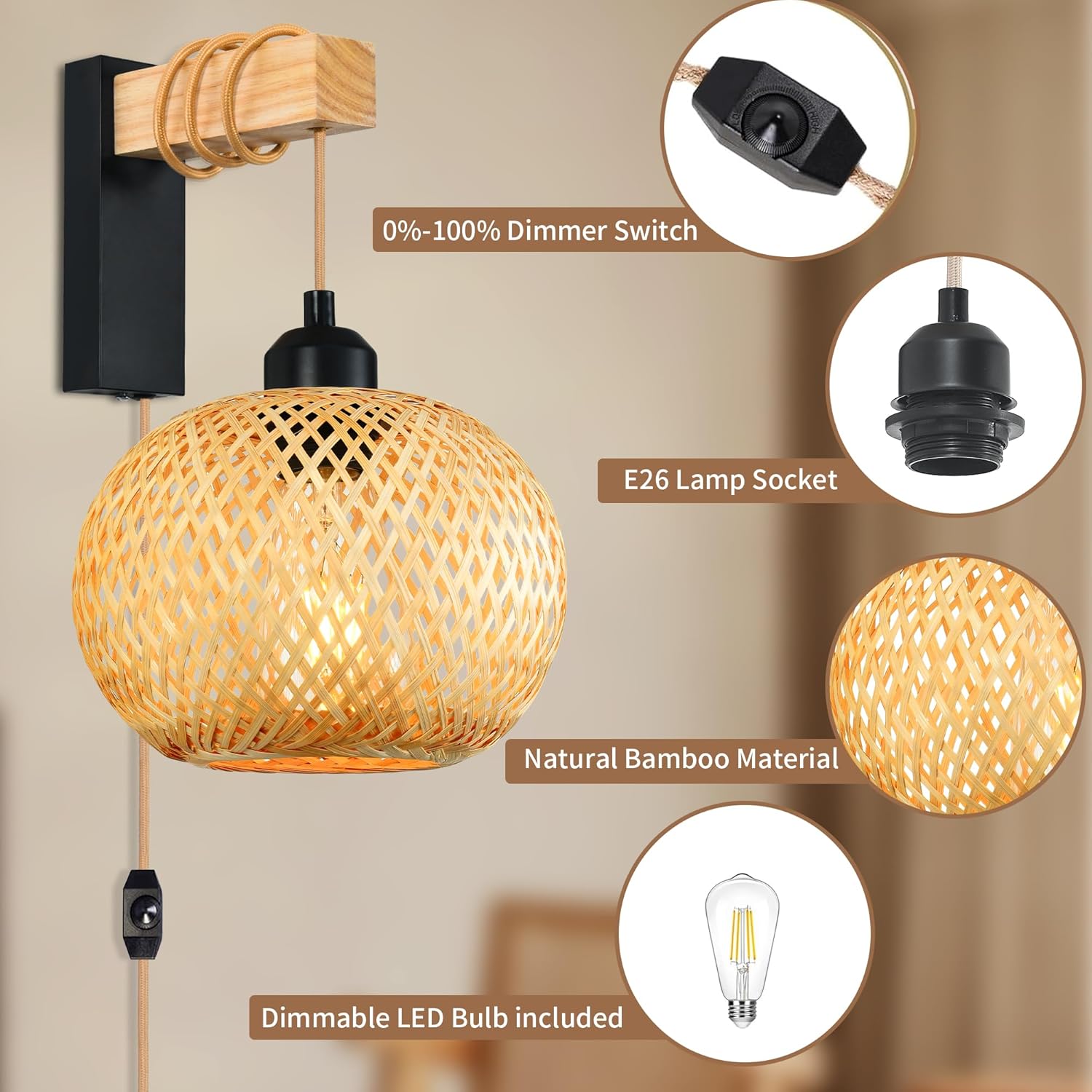 Juego de dos apliques de pared de ratán enchufables, apliques de pared de bambú tejidos a mano con interruptor, aplique de pared negro rústico