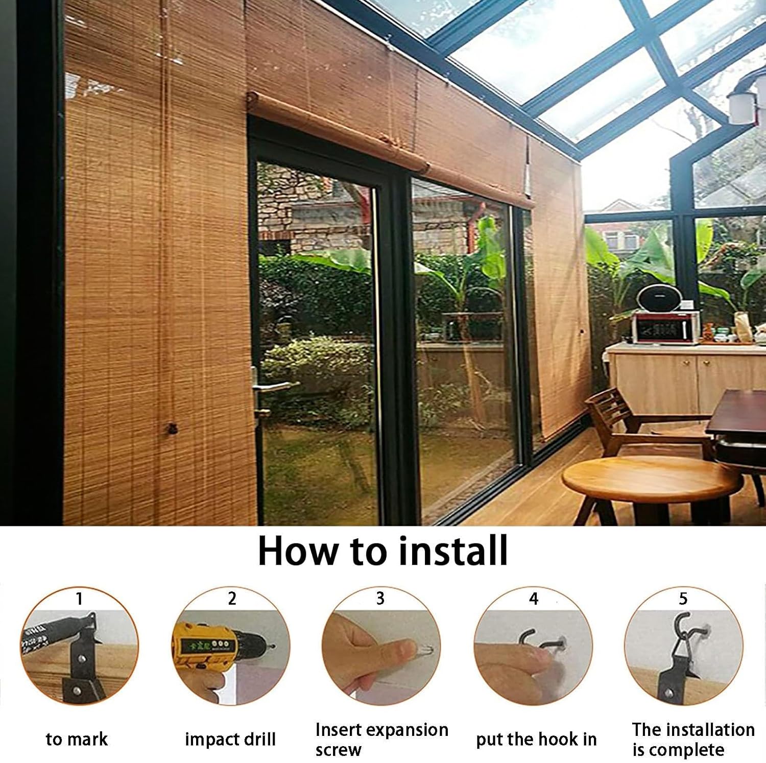 Persianas de bambú de bambú, persianas enrollables de bambú, persianas enrollables de bambú para exteriores, persianas enrollables de bambú para