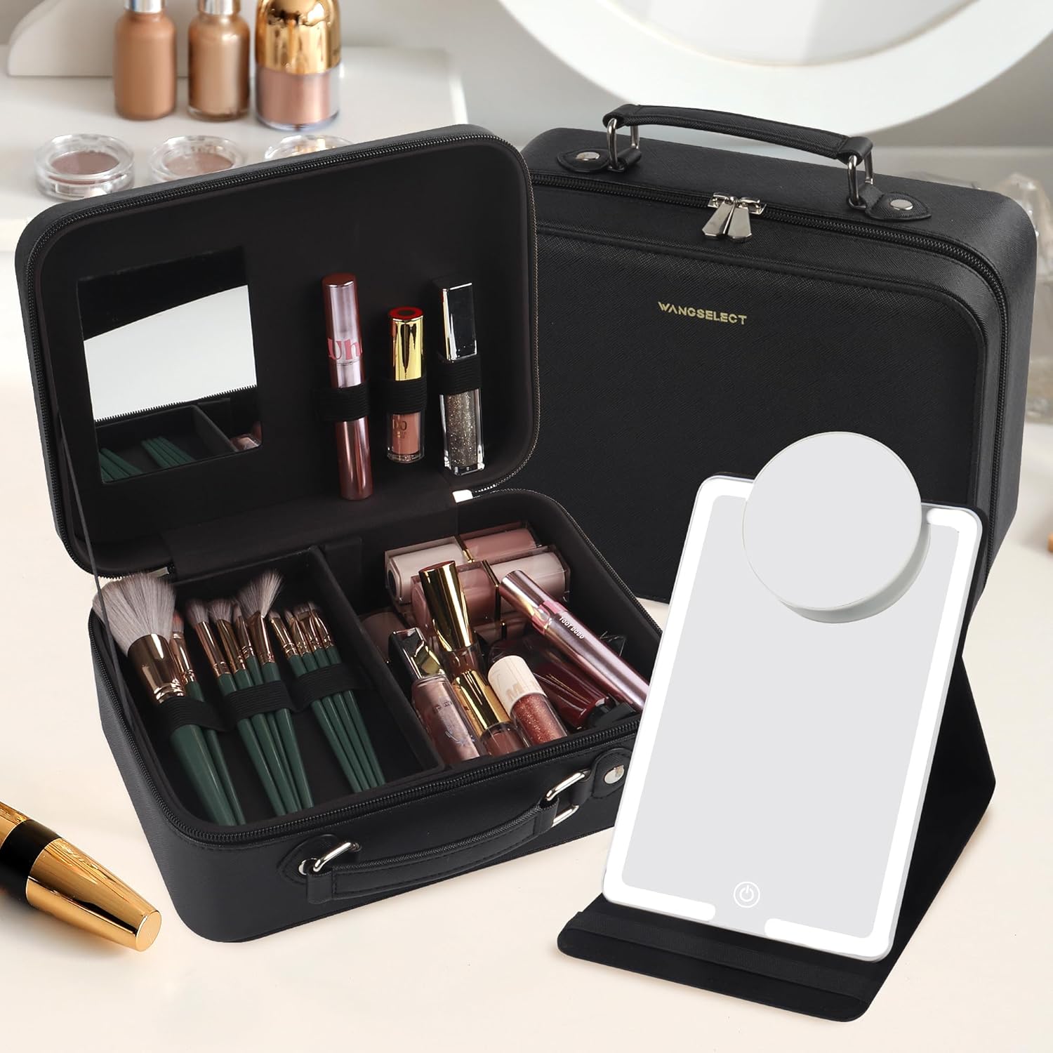 WangSelect Estuche de tren de maquillaje, organizador de bolsas de cosméticos con espejo de maquillaje iluminado plegable portátil y espejo de