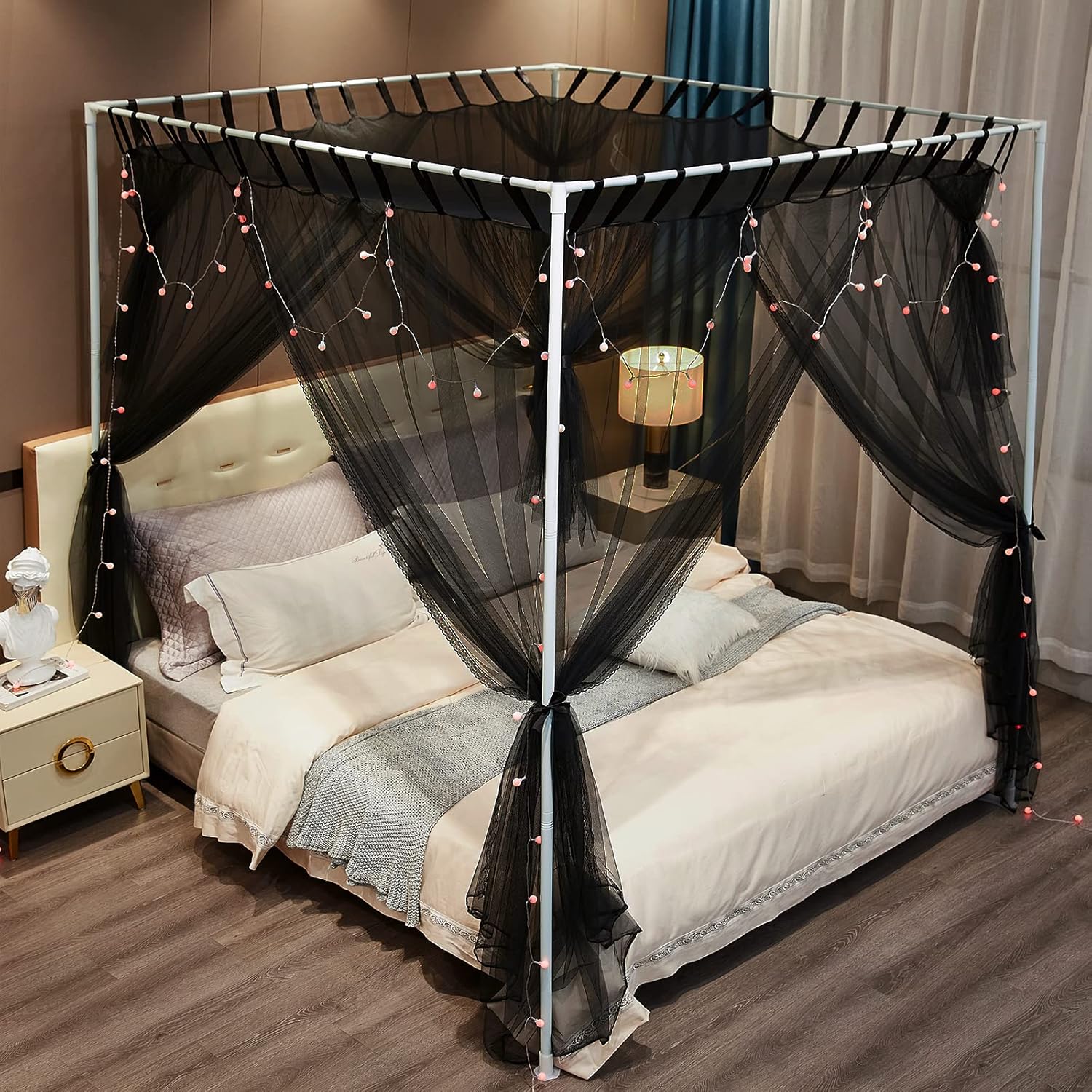 Cortina de 4 esquinas con poste para cama, toldo de mosquitera, para cama Queen y King, elegantes cortinas de cama para niñas y adultos, decoración
