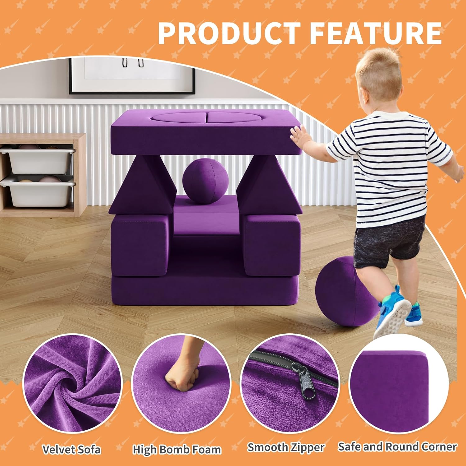 Sofá infantil modular de 12 piezas con 2 bolas y túnel, sofá plegable para niños para sala de juegos, sala de estar, dormitorio, sofá modular para