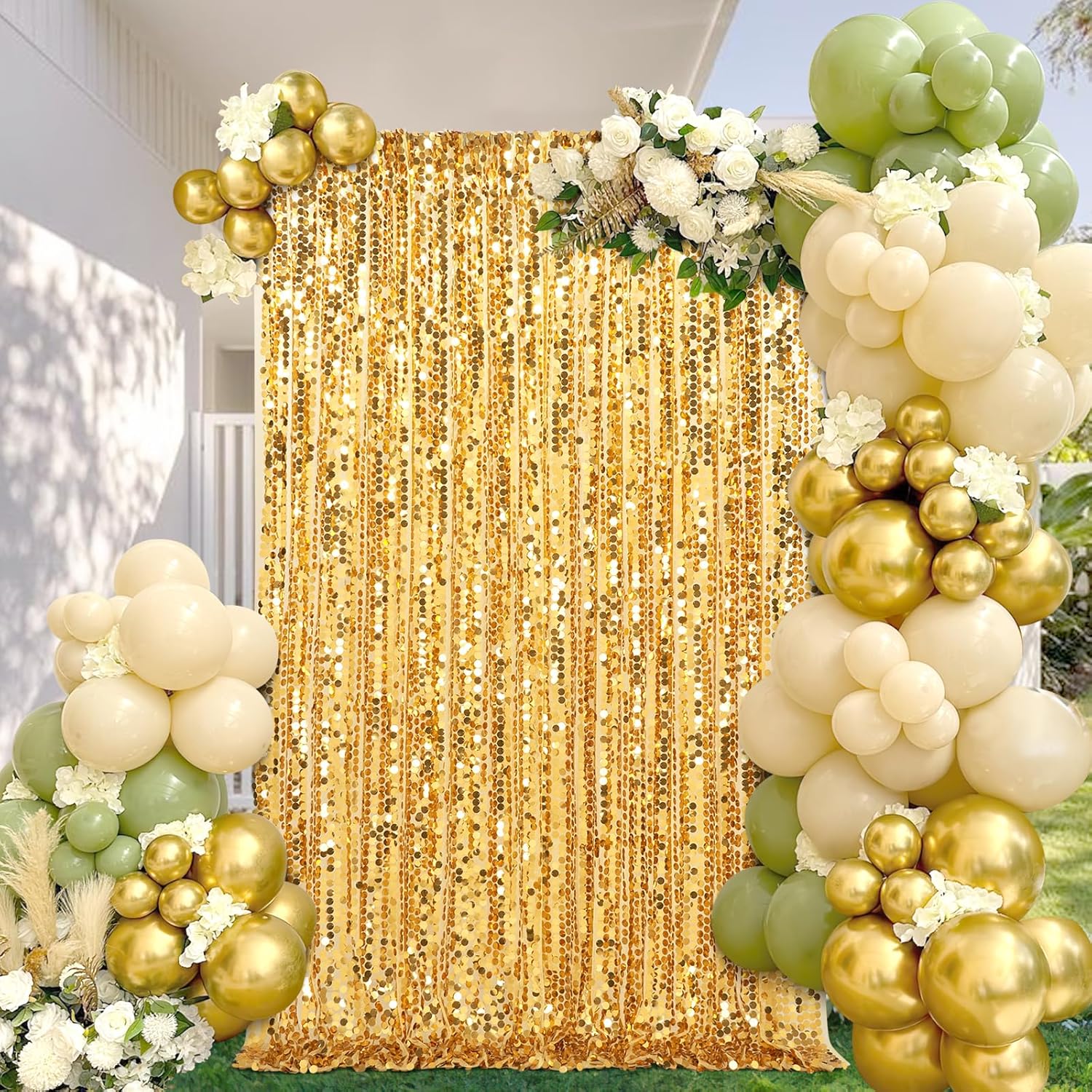 Telón de fondo de lentejuelas Big Payette de 4 x 8 pies, cortinas de tela con purpurina dorada para decoración de fiesta de cumpleaños, baby shower