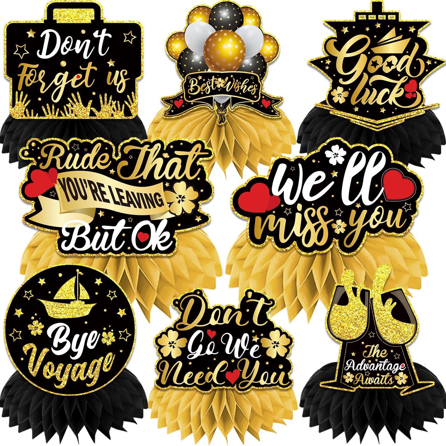 We Will Miss You – Centros de mesa de nido de abeja, 8 piezas de decoración de buena suerte centros de mesa de jubilación para mesas, decoraciones