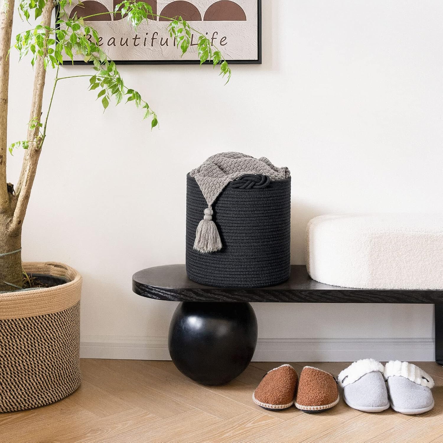 Goodpick Paquete de 3 cubos de almacenamiento de cuerda tejida para organización de armario y estantes, cestas redondas decorativas negras para
