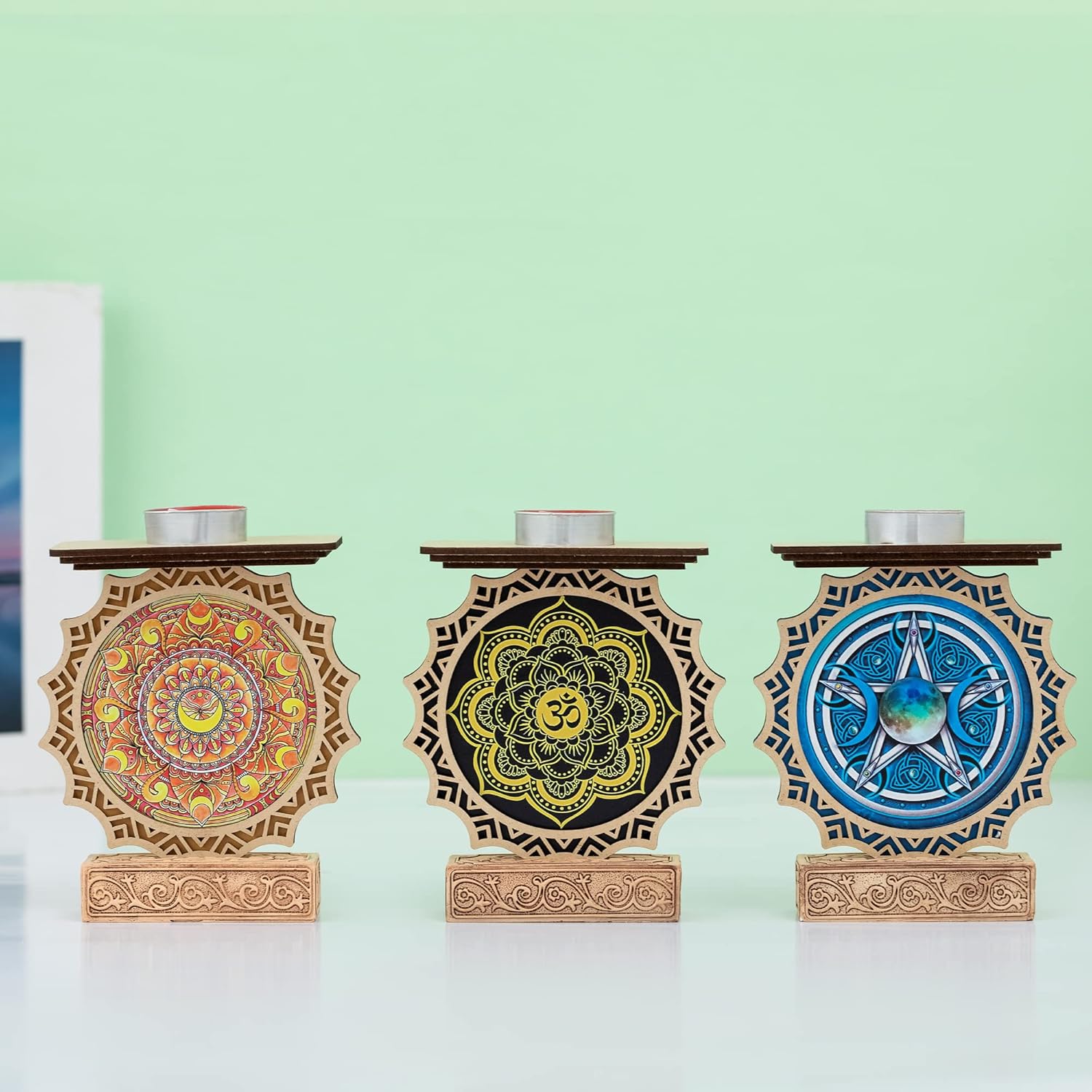 3 portavelas de madera, candelabros de chakra, portavelas de luz de té, portavelas votivas para yoga, meditación, comedor, festival, fiesta,