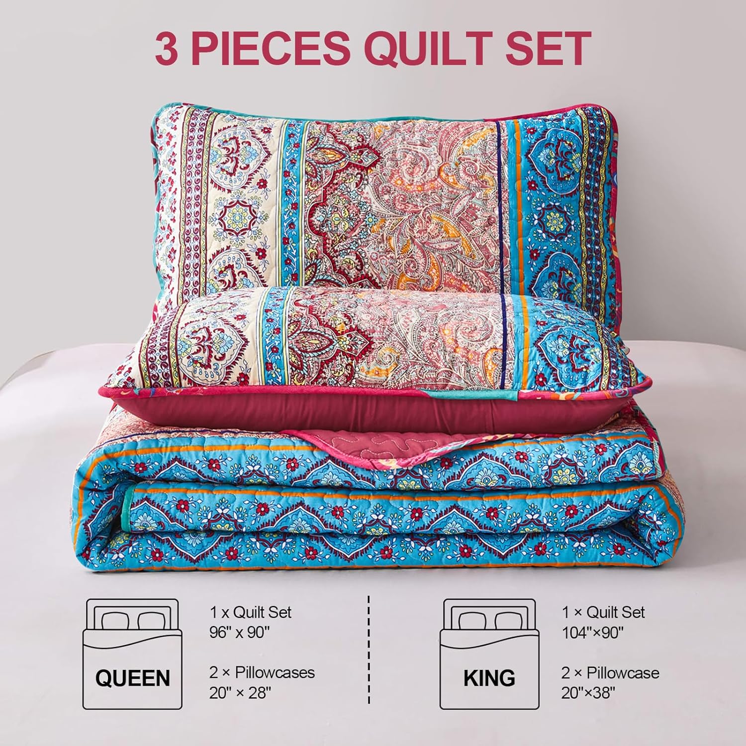 WONGS BEDDING Juego de edredón bohemio tamaño Queen, juego de edredón de 3 piezas de rayas bohemias de Navidad, juego de edredón de microfibra