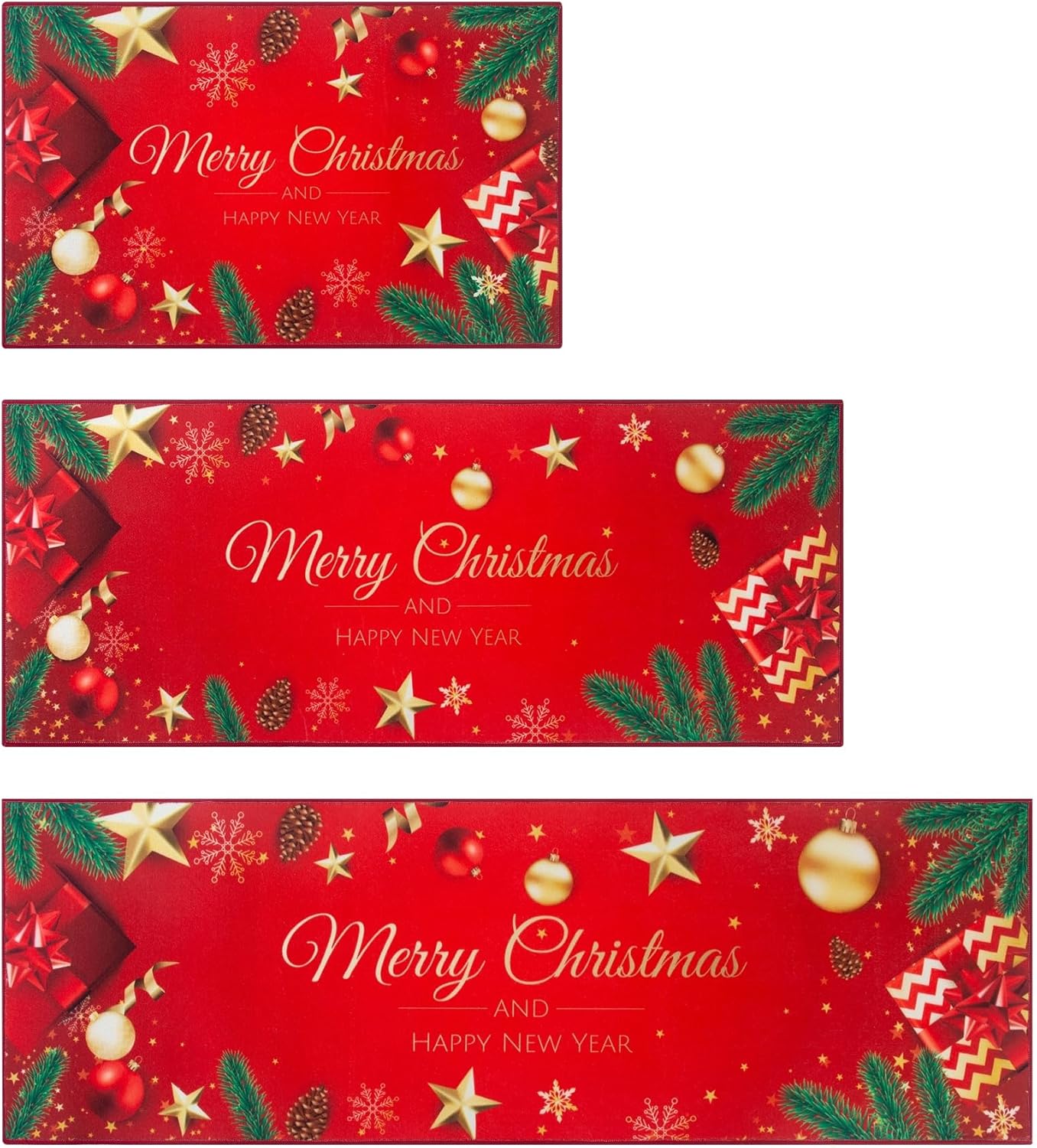 MELAJIA Juego de 3 tapetes de cocina de Navidad, lavables, juego de 3 piezas, tapete rojo para decoración de Navidad, fiesta en el hogar