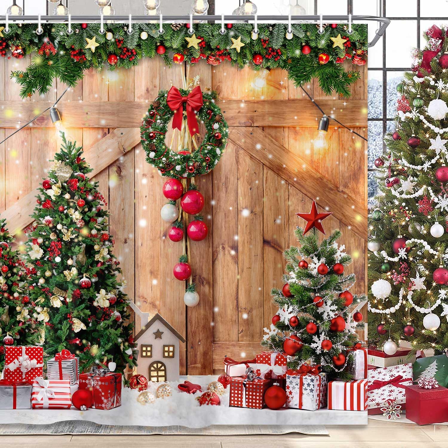 Hjokiupt Cortina de ducha de Navidad de granja, regalo de árbol de Navidad de invierno, decoración del hogar, puerta de granero de madera, cortinas