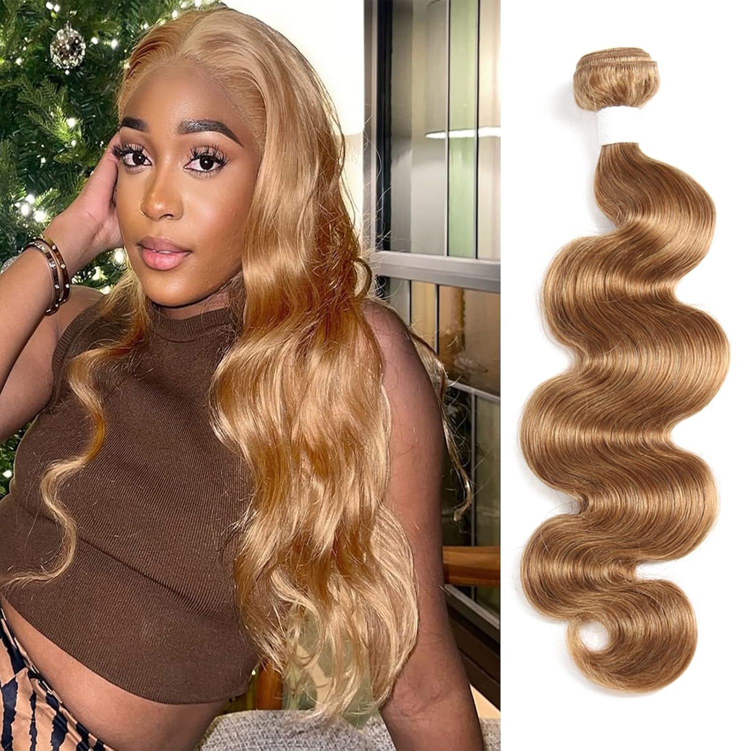 X-TRESS Extensiones de cabello de 18 pulgadas, color #27, 1 rubio miel, 100% cabello humano brasileño 27, ondulado, extensiones de cabello humano