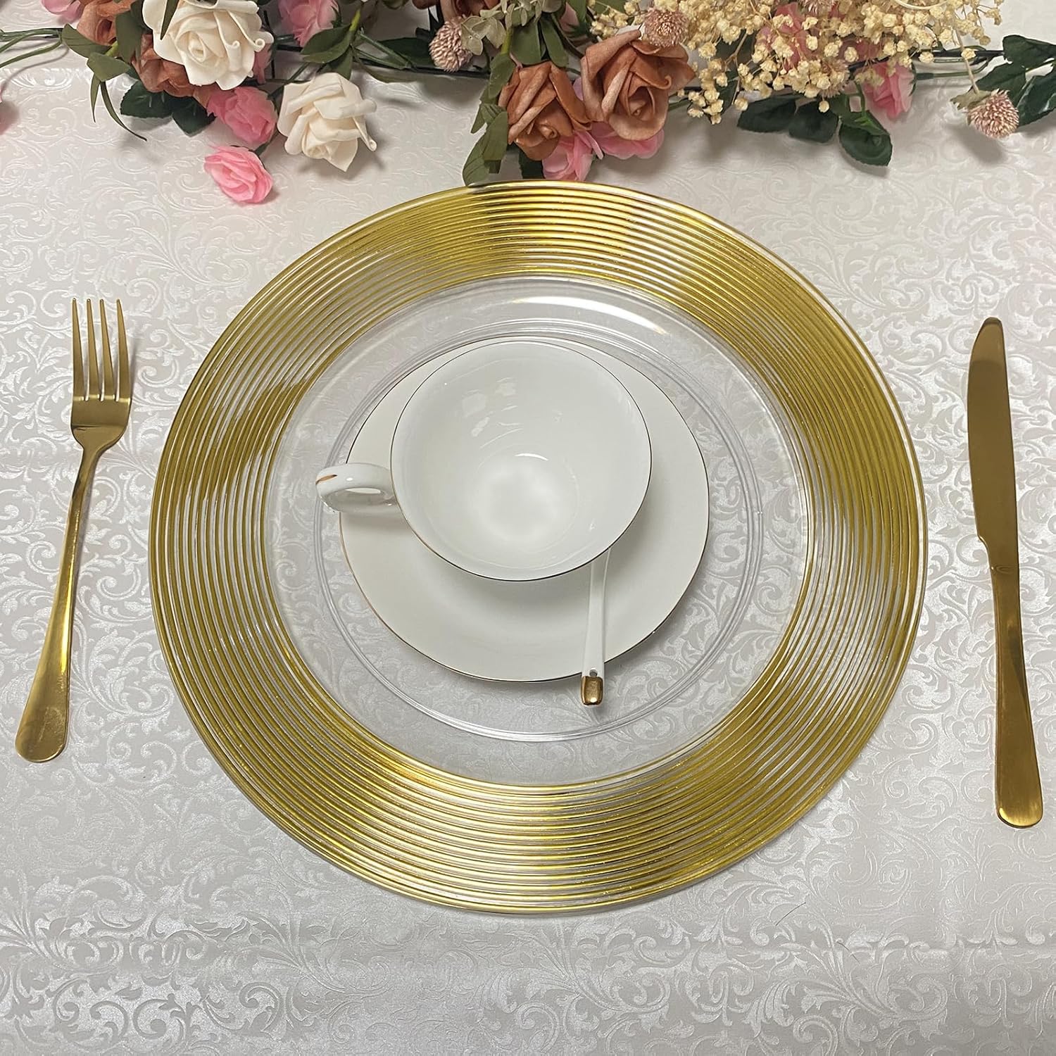 Platos de carga de borde dorado acrílico transparente de 13 pulgadas, juego de 8, platos de carga con borde texturizado dorado para cena, boda,