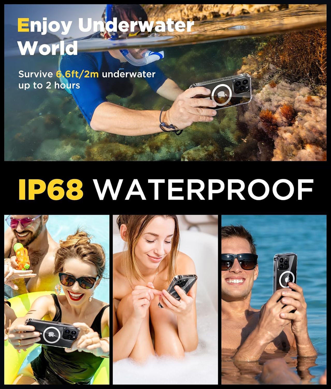 Humixx Funda magnética impermeable para iPhone 15 Pro Max transparente IP68 a prueba de vida subacuática compatible con Magsafe de cuerpo completo a
