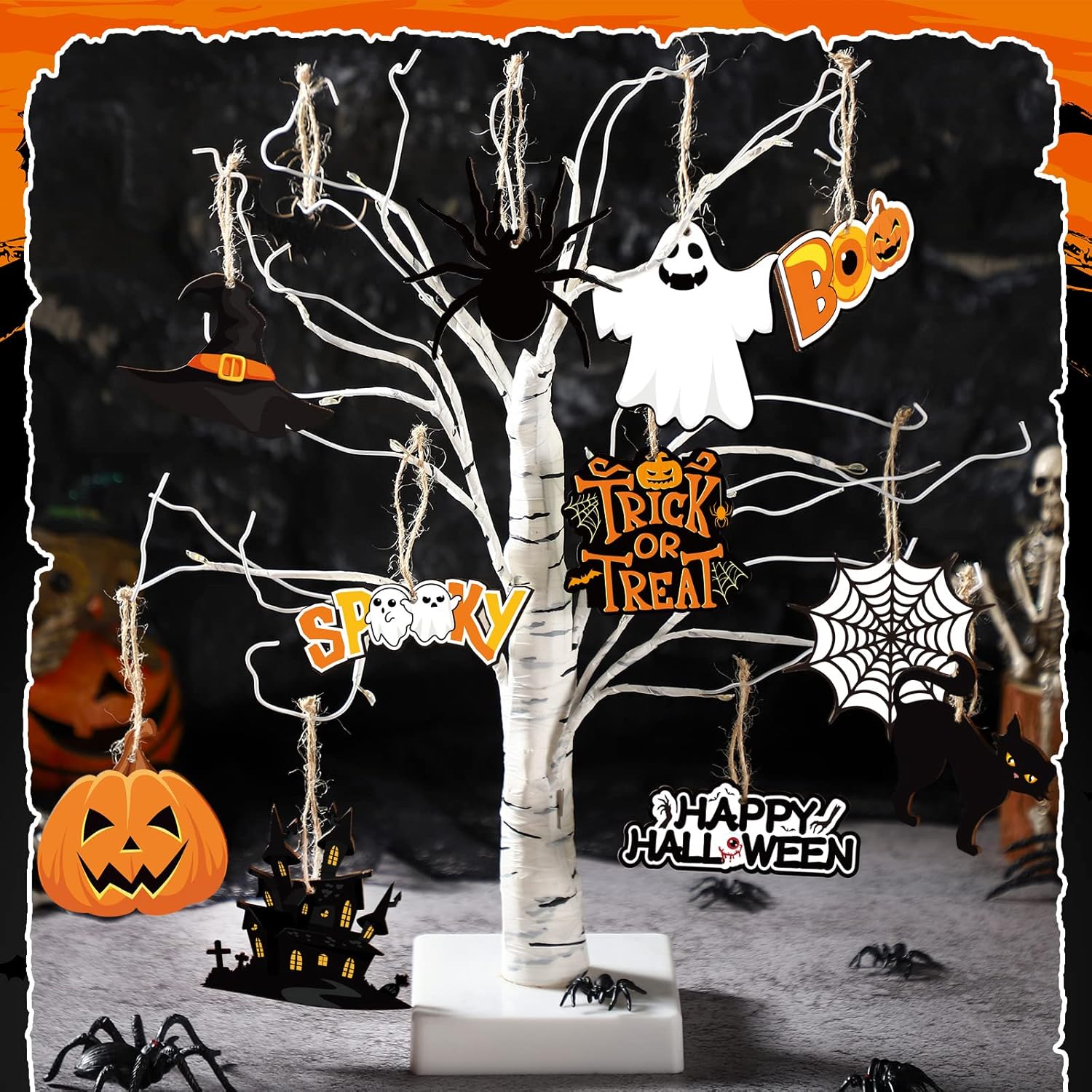 36 adornos colgantes de árbol de Halloween, adornos colgantes de madera, recortes de Halloween con cuerdas, etiqueta colgante de calabaza, fantasma,