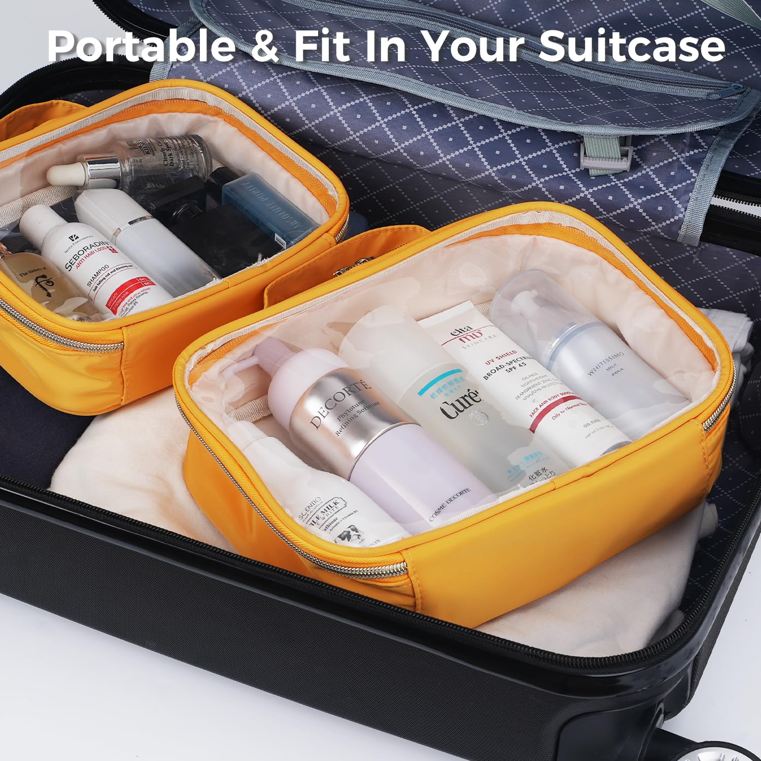 WANDF Neceser aprobado por la TSA de gran apertura, paquete de 2 bolsas de maquillaje transparentes con asa, accesorios de viaje, tamaño de cuarto