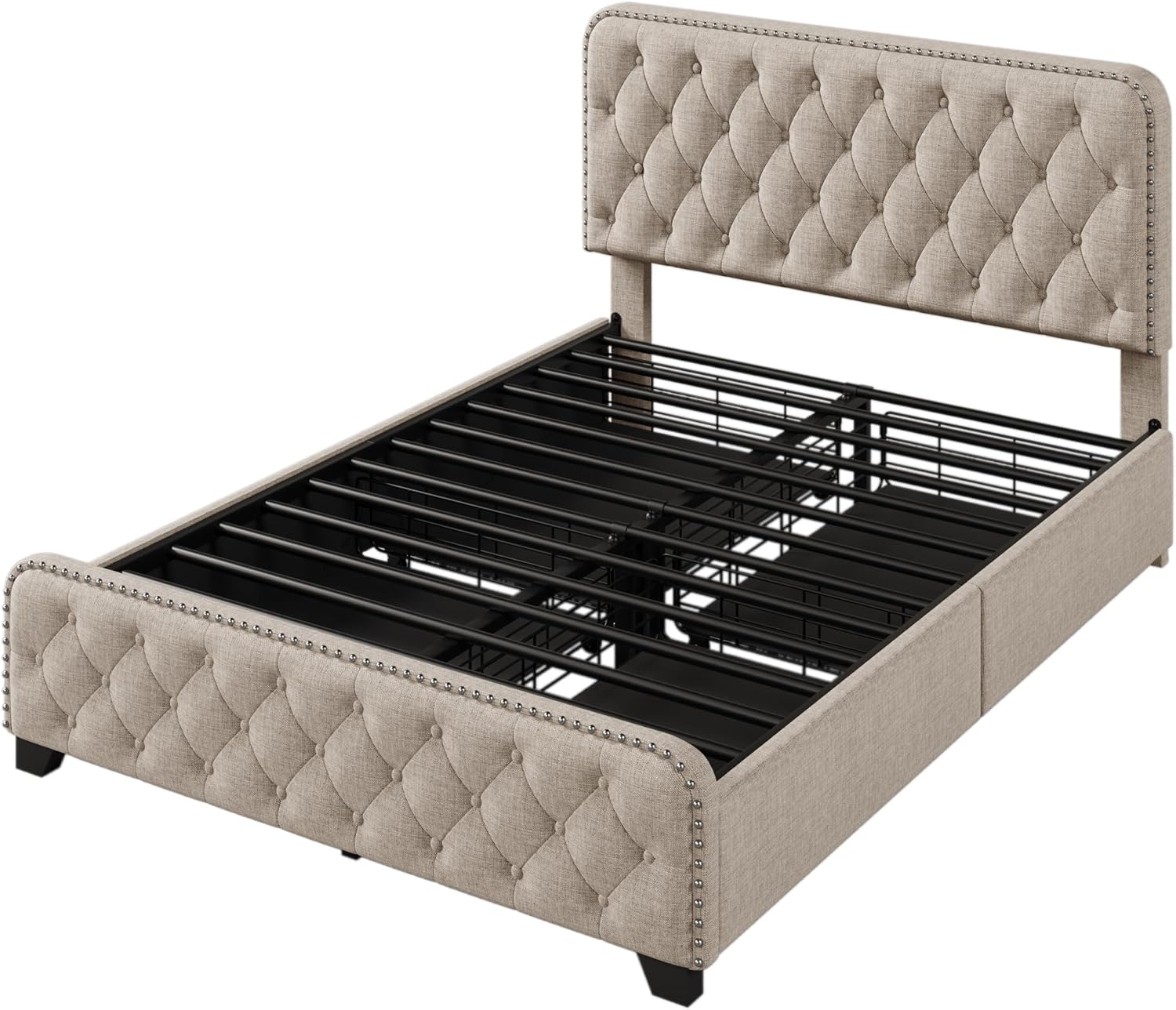 Bellemave Base de cama de plataforma completa con 4 cajones de almacenamiento y cabecero y estribo con botones, soporte de metal resistente, no