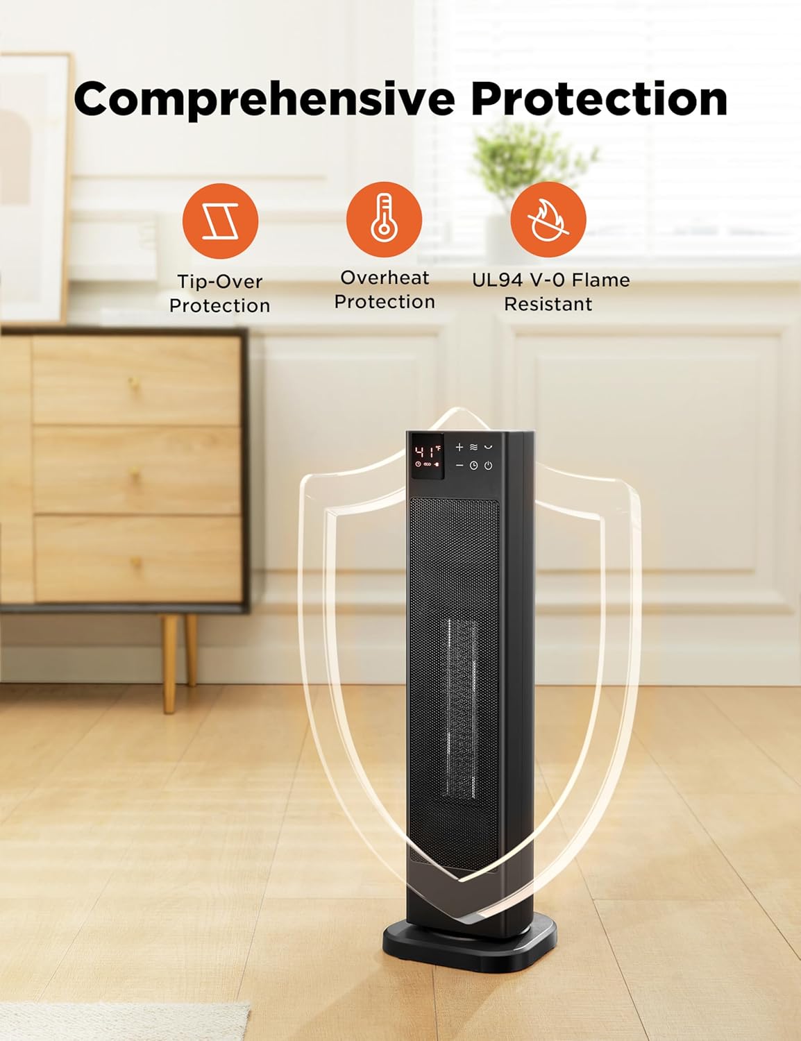PELONIS Calentador de espacio interior de torre de cerámica oscilante para el hogar con oscilación, termostato programable y modo ECO, temporizador