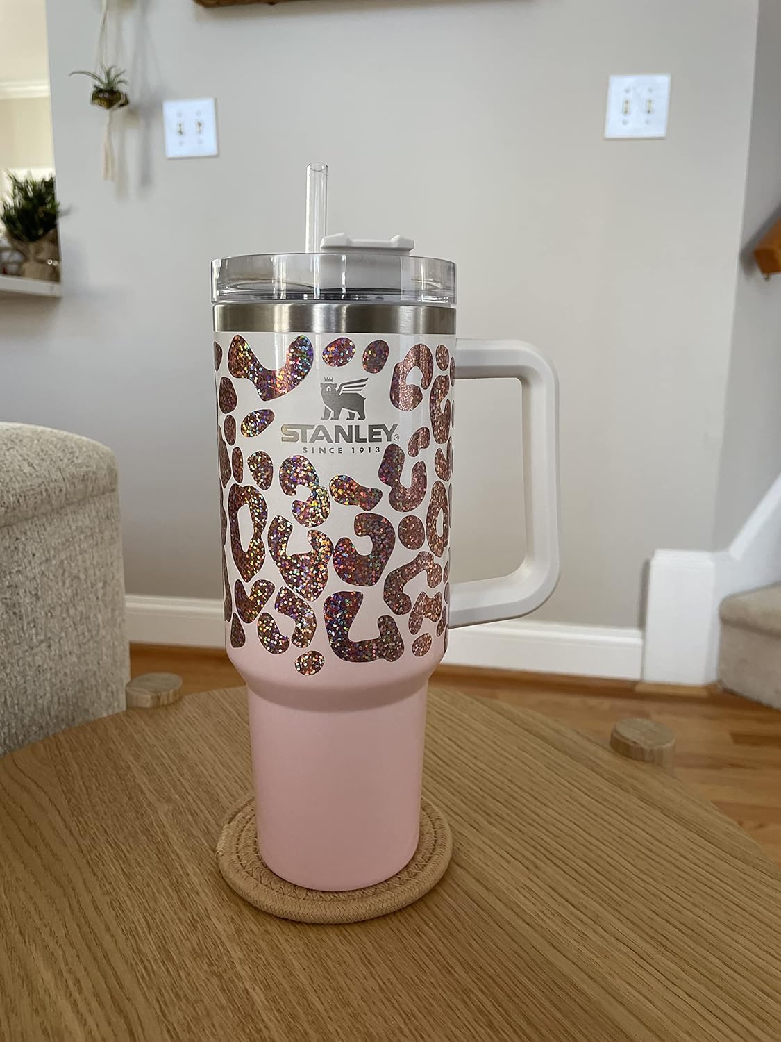 40oz Monogram Cheetah Animal Print Stanley Adventure Quencher Leopard Wrap, boho stylish tumbler, boho decor with monogram initial (blue)