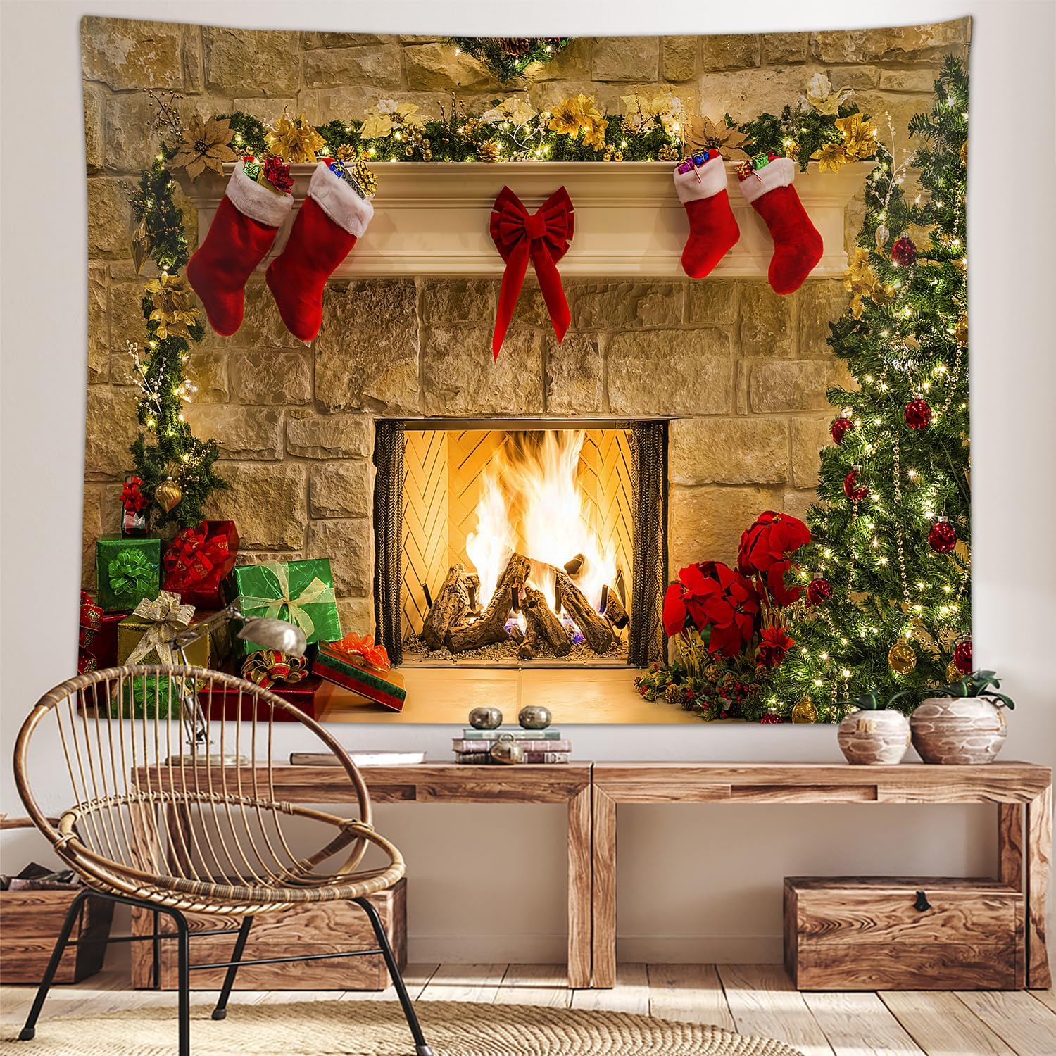 Telón de fondo de tapiz de Navidad, árbol de Navidad, chimenea, chimenea, Papá Noel, tapices artísticos para colgar en la pared para sala de estar,