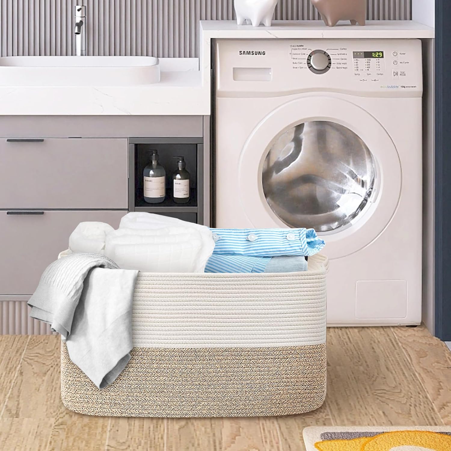 Cesta de cuerda extragrande, 22.8 x 14.9 x 11.8 pulgadas, cesta rectangular para manta para sala de estar, cesta organizadora de juguetes de tejido