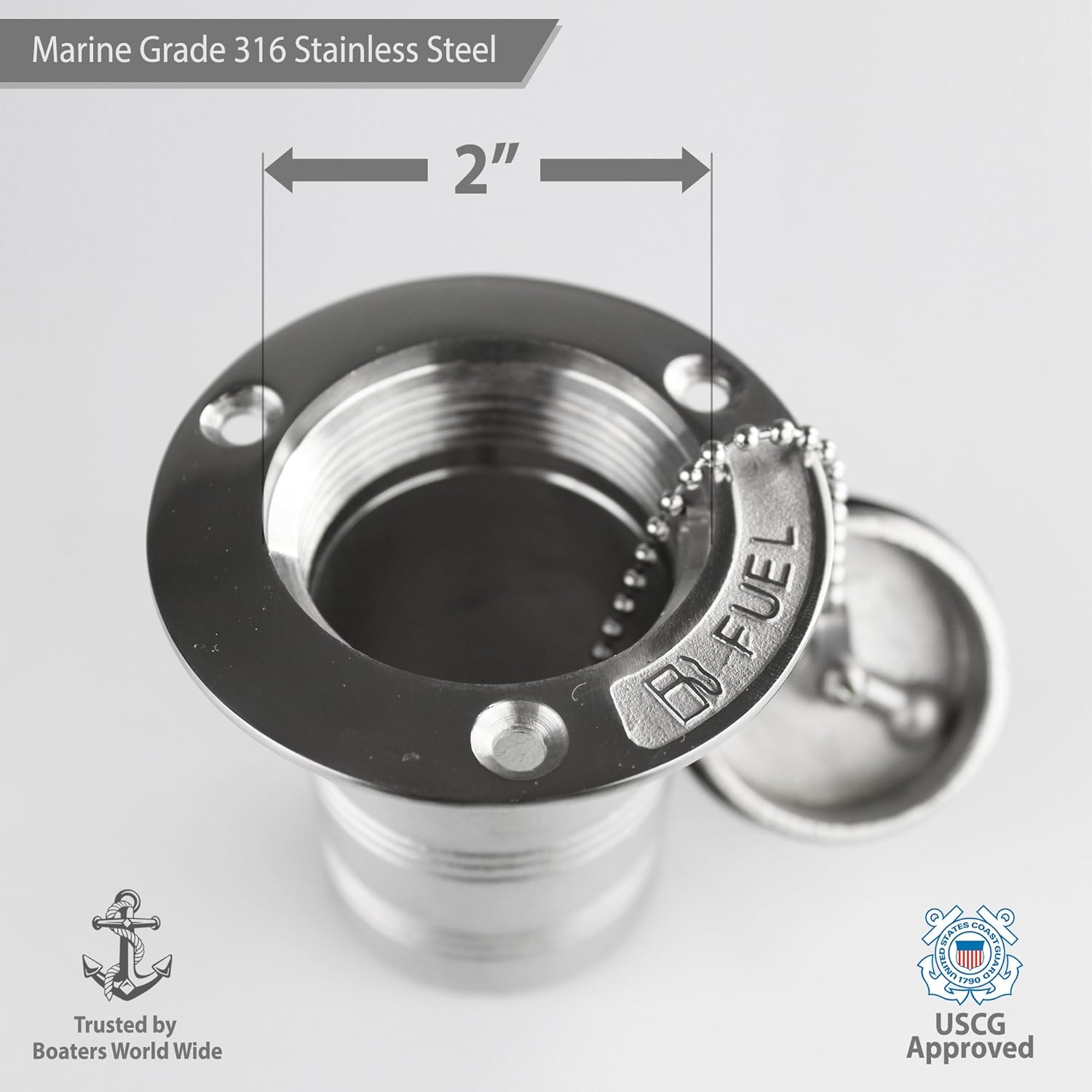 Salty Reef Marine Hardware – Llenadorelleno de combustible para cubierta de barco con tapa de llave – 2″ – Diésel, gas o agua – Acero inoxidable 316