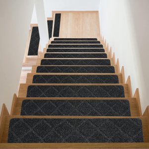HARFINGTON Alfombra antideslizante para escaleras, paquete de 4 unidades, 8 x 30 pulgadas, antideslizante, para escaleras de madera de interiores, HARFINGTON Alfombra antideslizante para escaleras, paquete de 4 unidades, 8 x 30 pulgadas, antideslizante, para escaleras de madera de interiores,