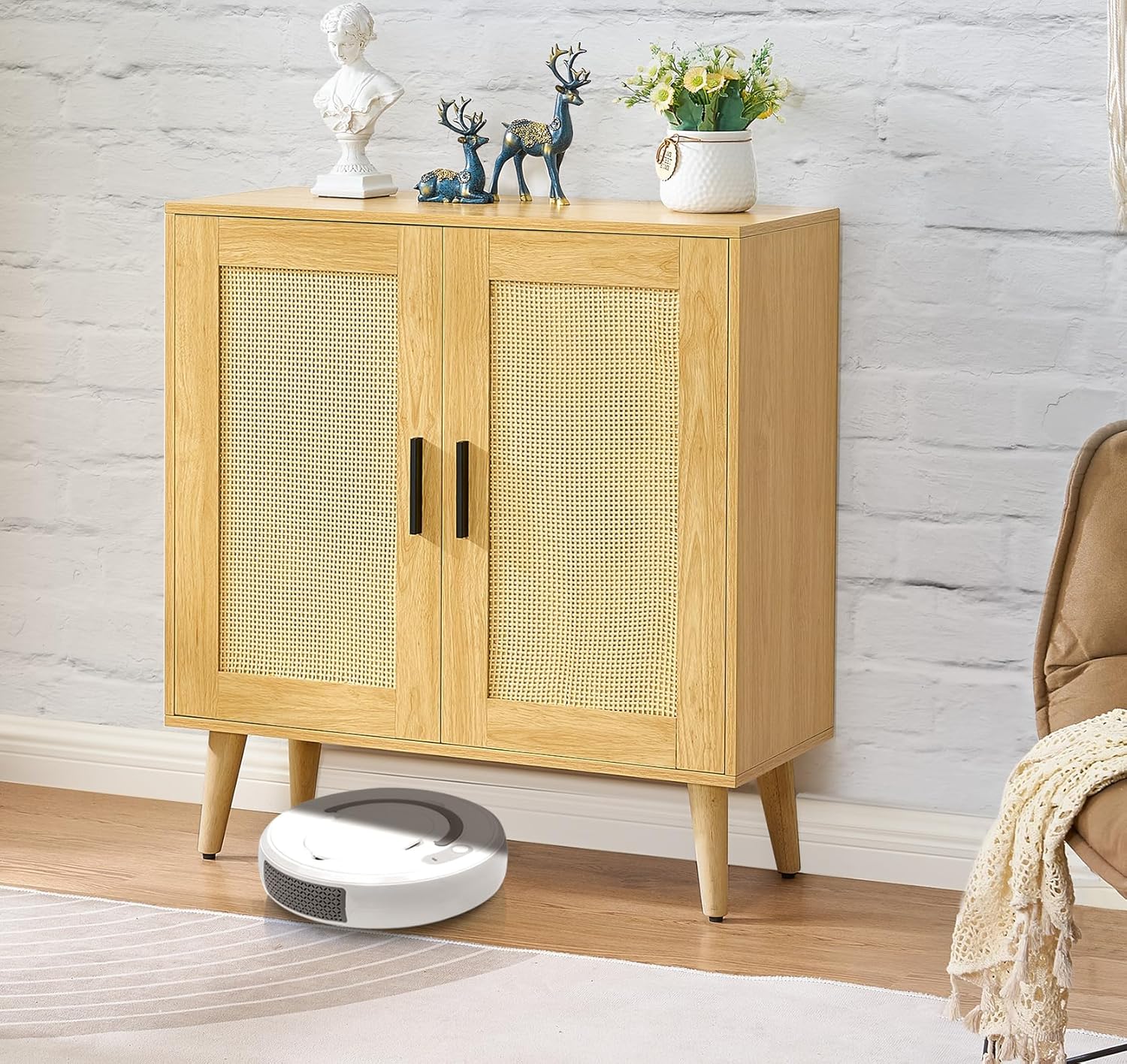 HOMSHO Aparador de ratán con puertas dobles y estantes ajustables, gabinete de almacenamiento de piso bohemio, armario de acento para comedor, sala