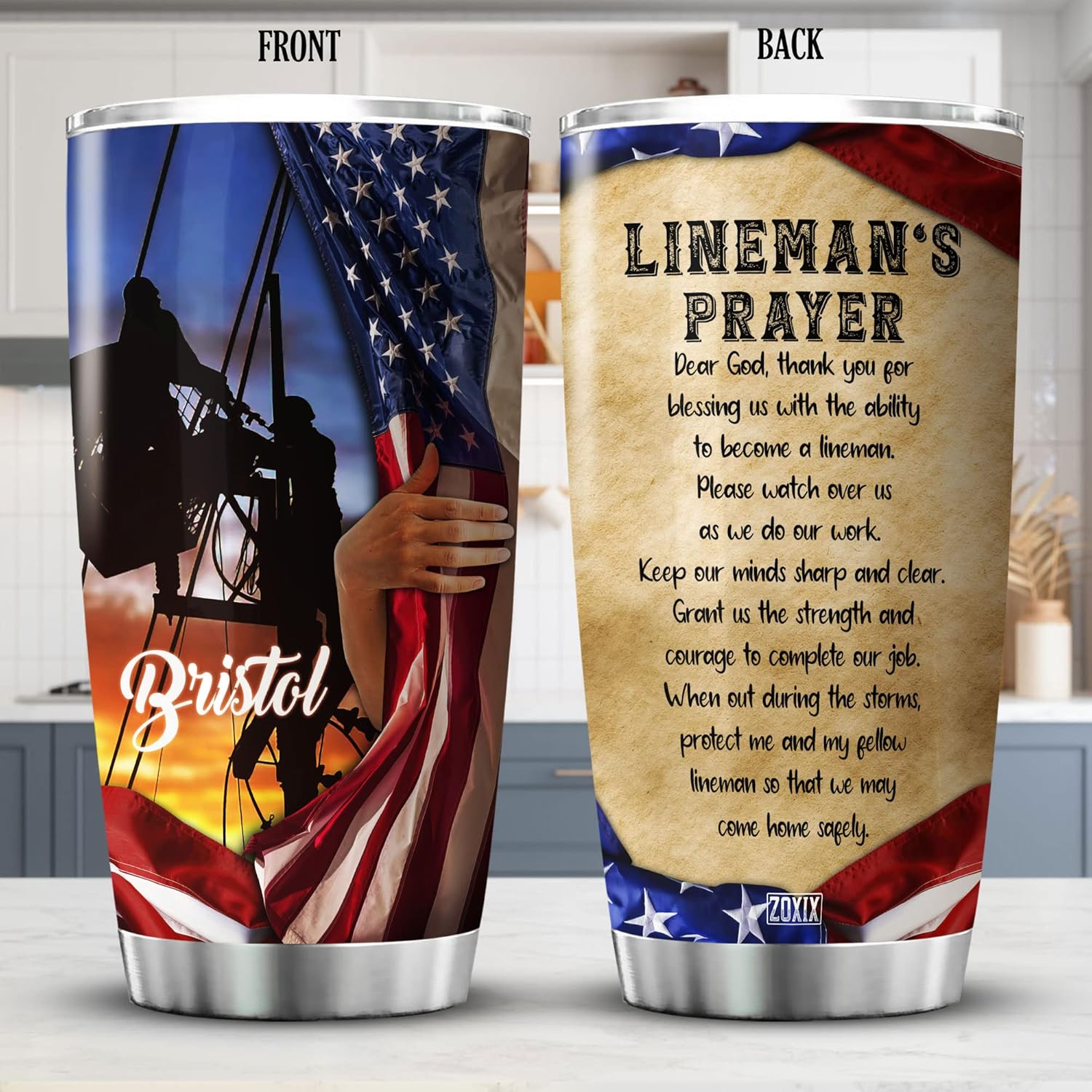 ZOXIX Vaso personalizado con tapa de 20 onzas, regalo de oración de liniero, taza de café de acero inoxidable, cosas geniales para técnicos de línea