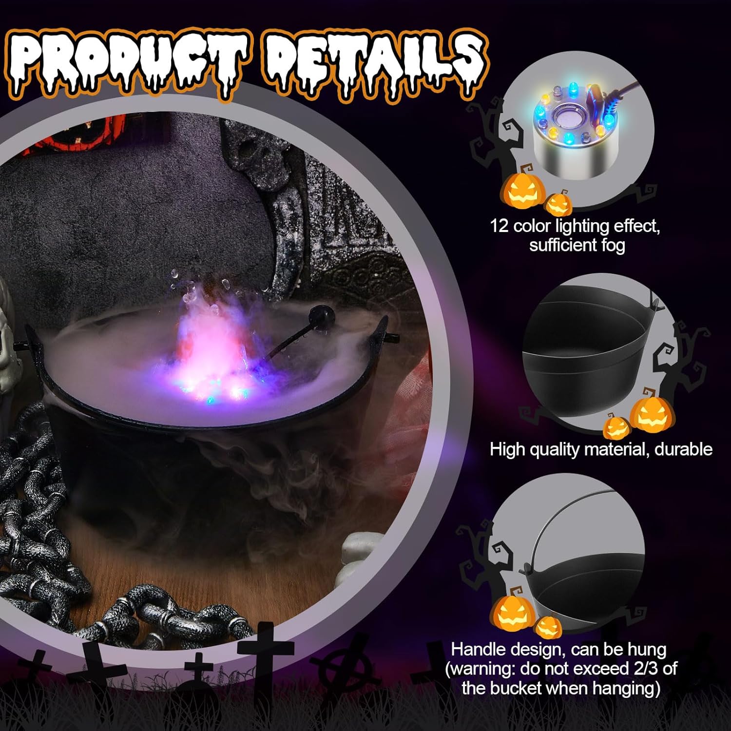 4 cubos de caldero de bruja negra de Halloween con nebulizador, 2 cubos de plástico para dulces de dulce o truco, 2 unidades, enchufe, 12 luces LED,