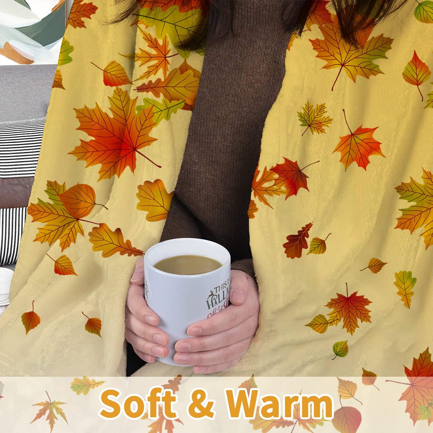 JOOCAR Manta de franela de hojas de otoño de 50 x 60 pulgadas, manta cálida de felpa acogedora y suave con hojas de otoño rojas y amarillas para
