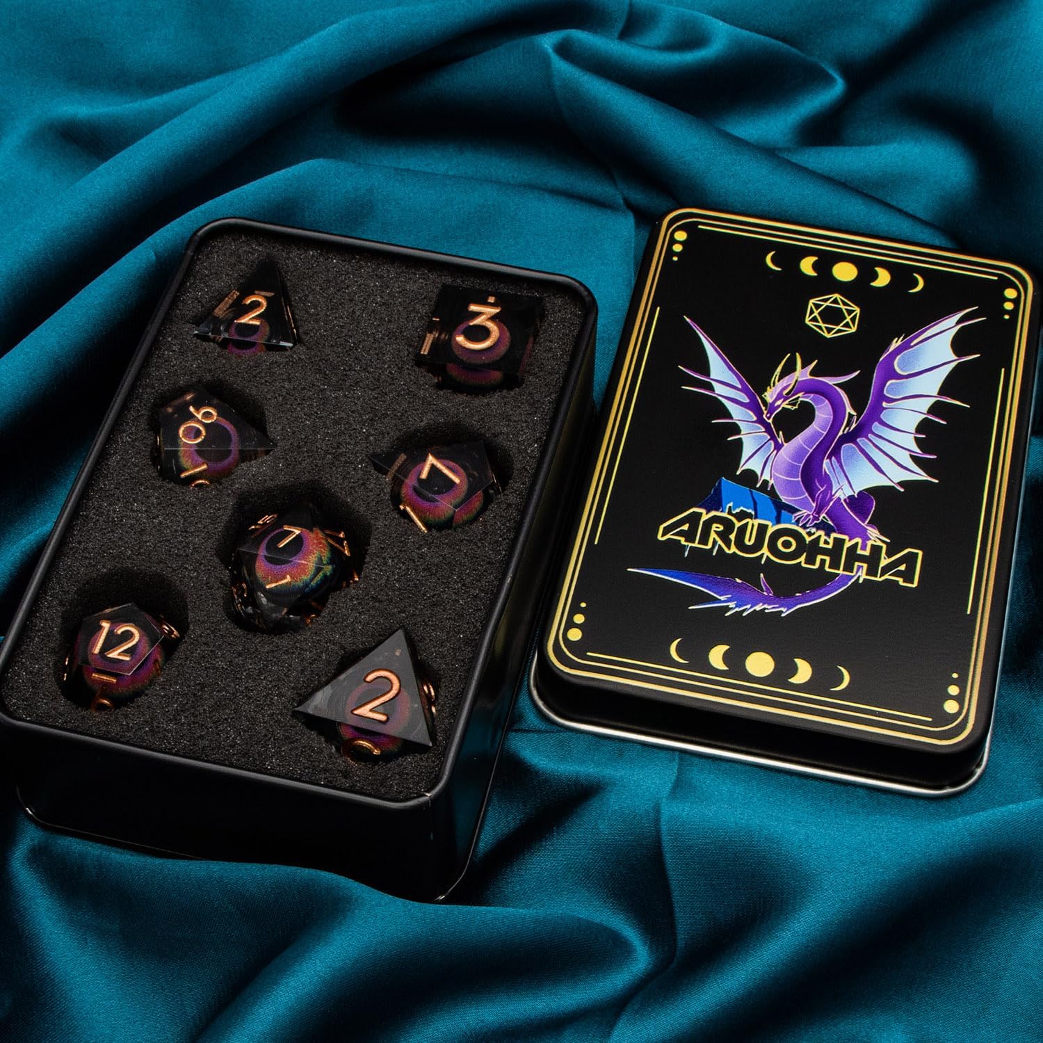 ARUOHHA DND – Juego de dados de ojo de dragón con núcleo líquido, de resina, bordes afilados, con caja de regalo, juego de rol de mazmorras y