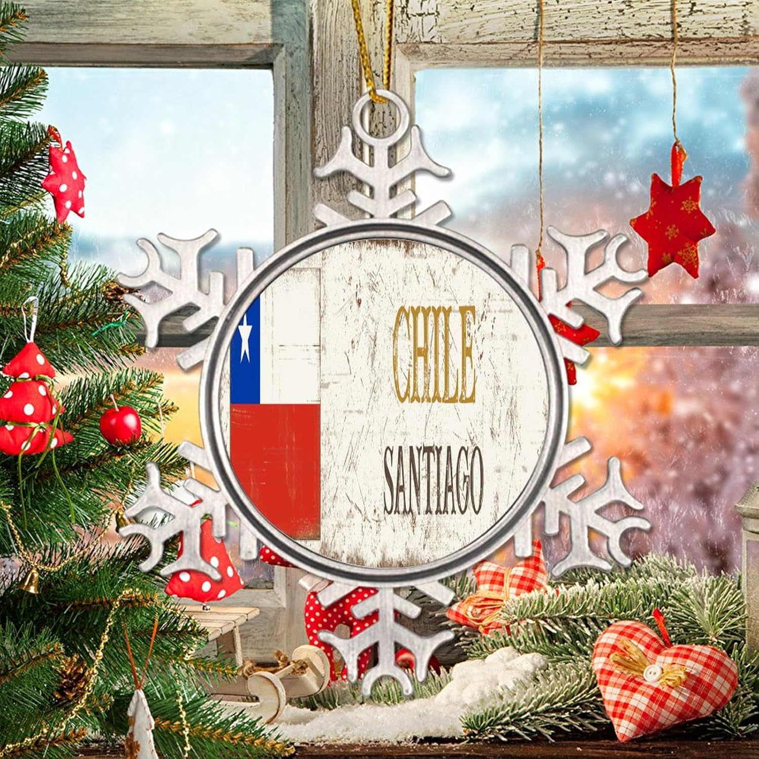 CowkissSign Adorno de bandera para Navidad, adorno de Santiago para decoración de árbol de Navidad, regalo de Chile, viajero del mundo, copos de