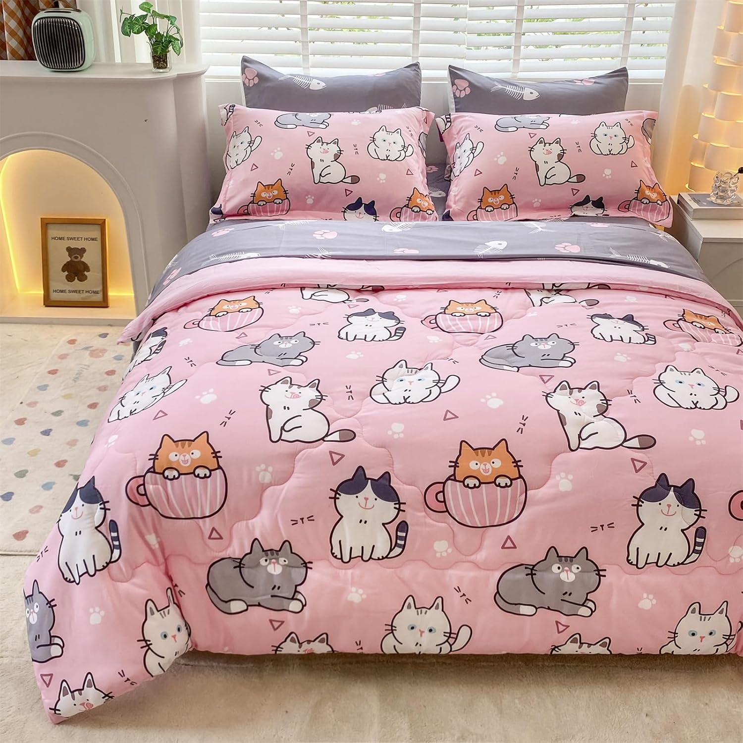 Juego de edredón de 7 piezas con diseño de gatos para niñas, tamaño matrimonial, ropa de cama en una bolsa, diseño de dibujos animados para niños y