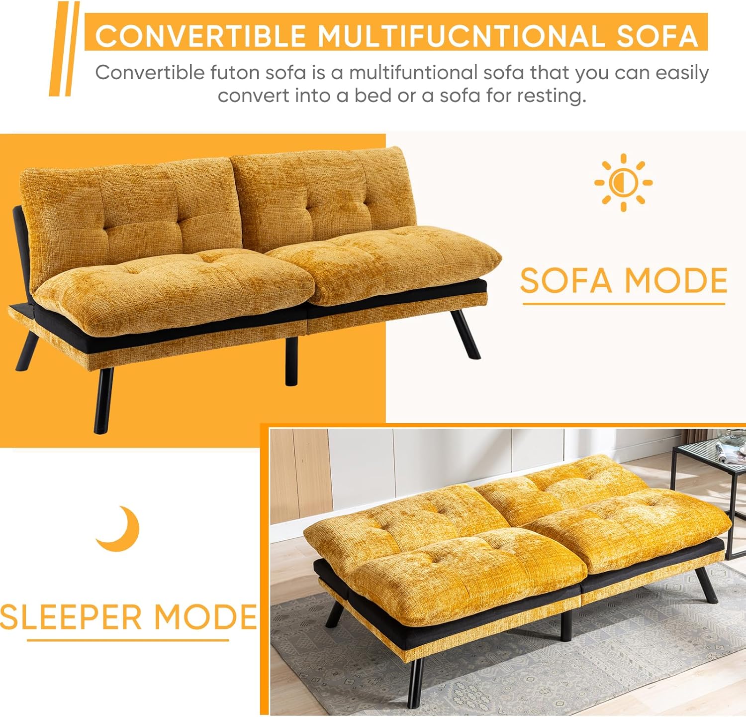 Sofá cama futón, sofá cama convertible de espuma viscoelástica, sofá biplaza pequeño con respaldo dividido para sala de estar, moderno asiento de