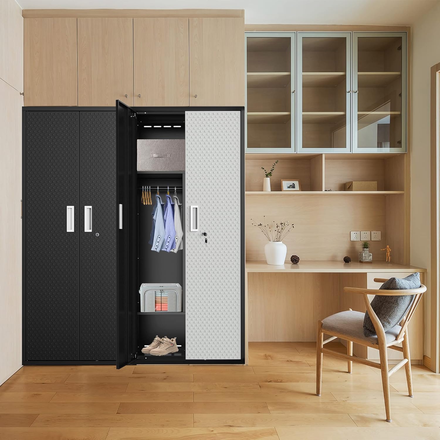 Metal Storage Cabinets Locker for Home Office, 71″ Garage Storage Cabinet with Lockable Door, Adjustable Shelves and Hanging Rod, Steel Wardrobe