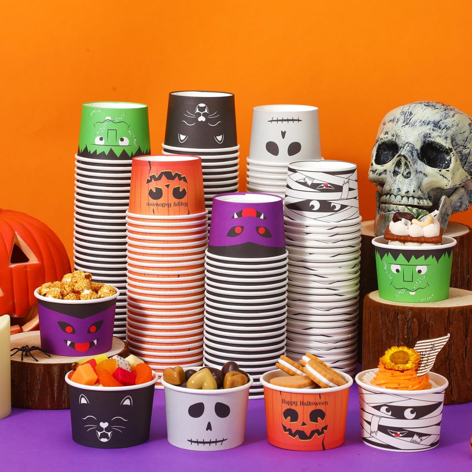 300 tazas desechables de 8 onzas para refrigerios de Halloween, cuencos de postre, tazas de calabaza, vasos de papel de esqueleto, tazas de helado