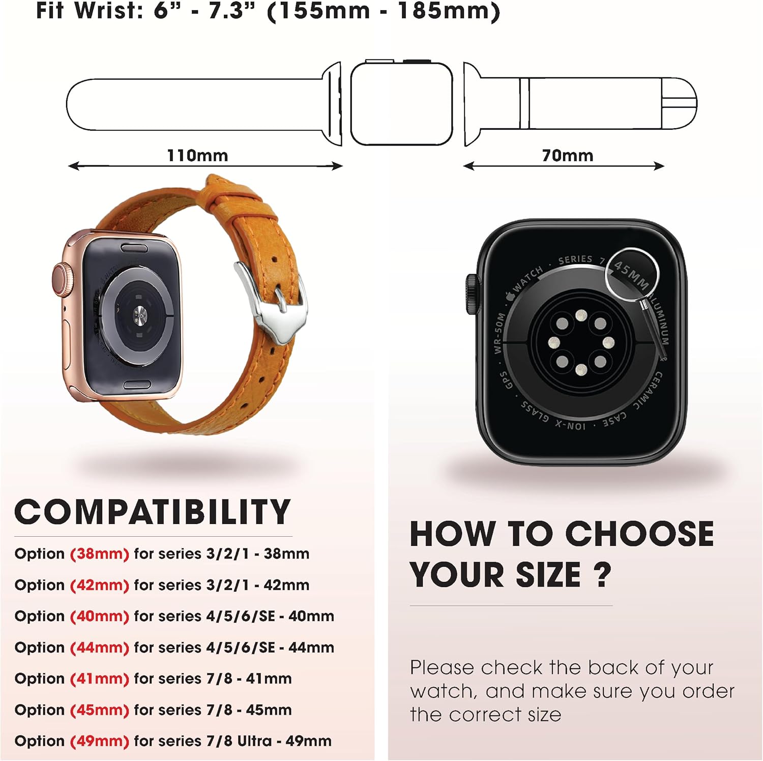 Correa de cuero de avestruz para mujer compatible con Apple Watch Ultra de 1.929 in 1.772 in 1.732 in 1.654 in 1.614 in 1.575 in 1.496 in pulsera de