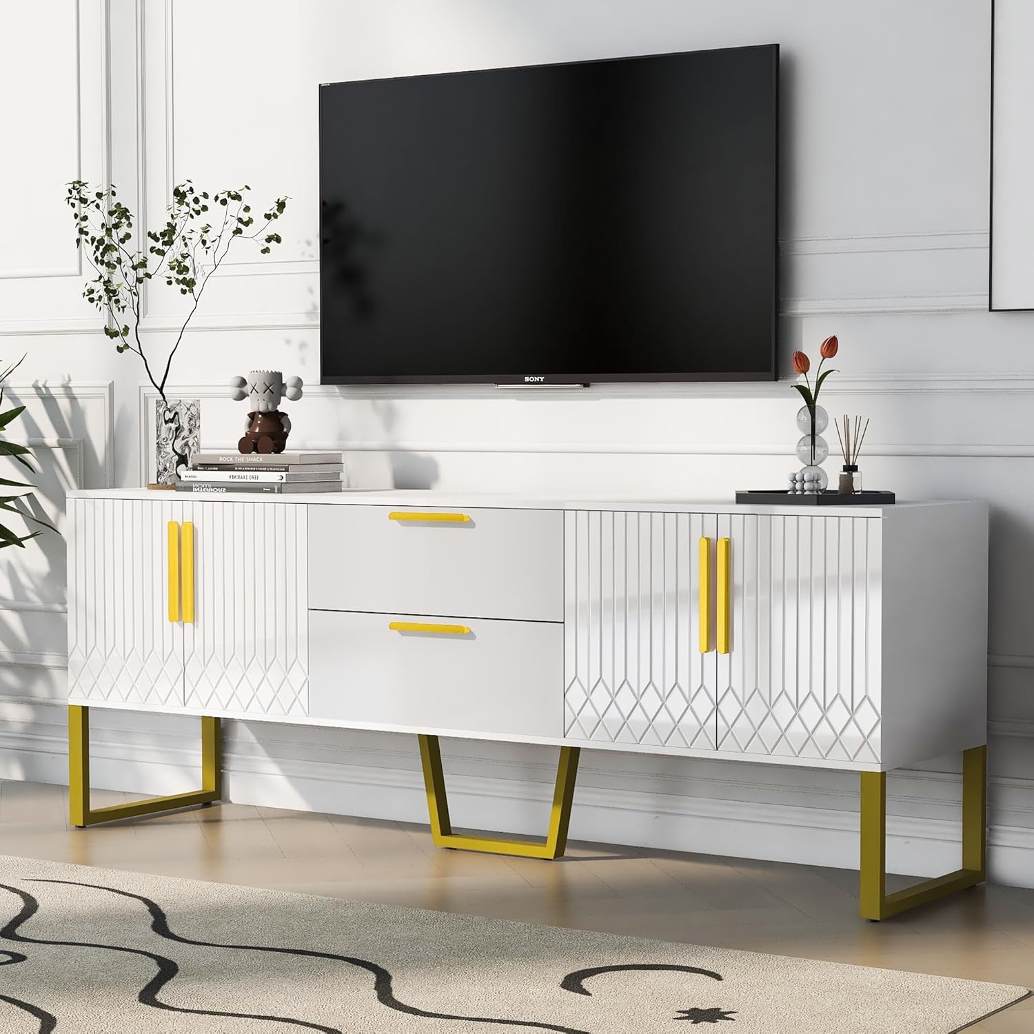 Bellemave Moderno soporte de TV para televisores de hasta 75 pulgadas, armario de almacenamiento con cajones y gabinetes, mesa consola de TV de