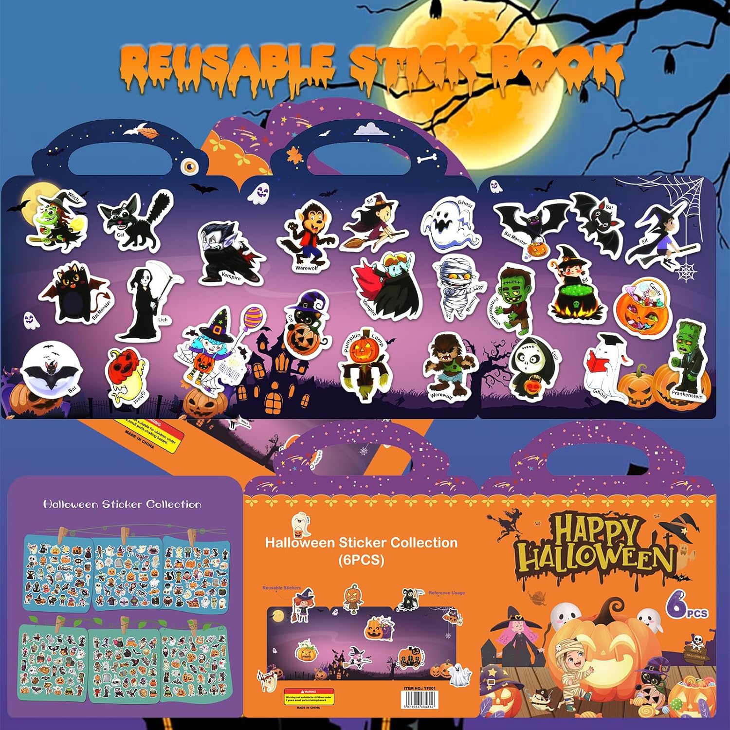 Más de 200 calcomanías reutilizables de Halloween para niños de 2 a 4 años, libros educativos de calcomanías para niños de 1 a 3 años, 6 hojas de